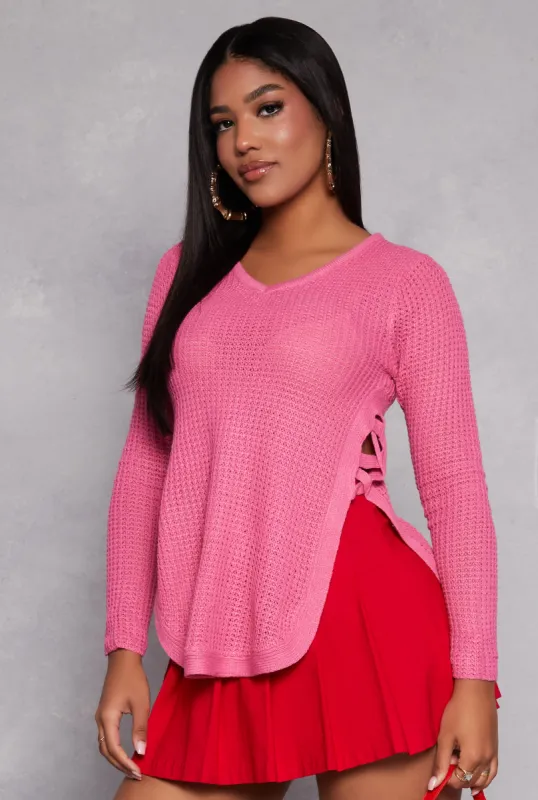 Waffle Knit V Neck Caged Side Sweater sold by Rainbow