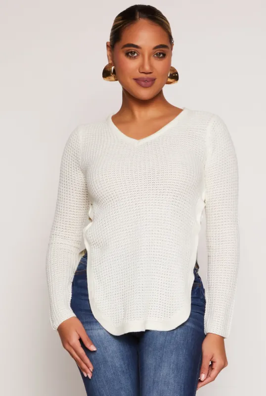Waffle Knit V Neck Caged Side Sweater sold by Rainbow