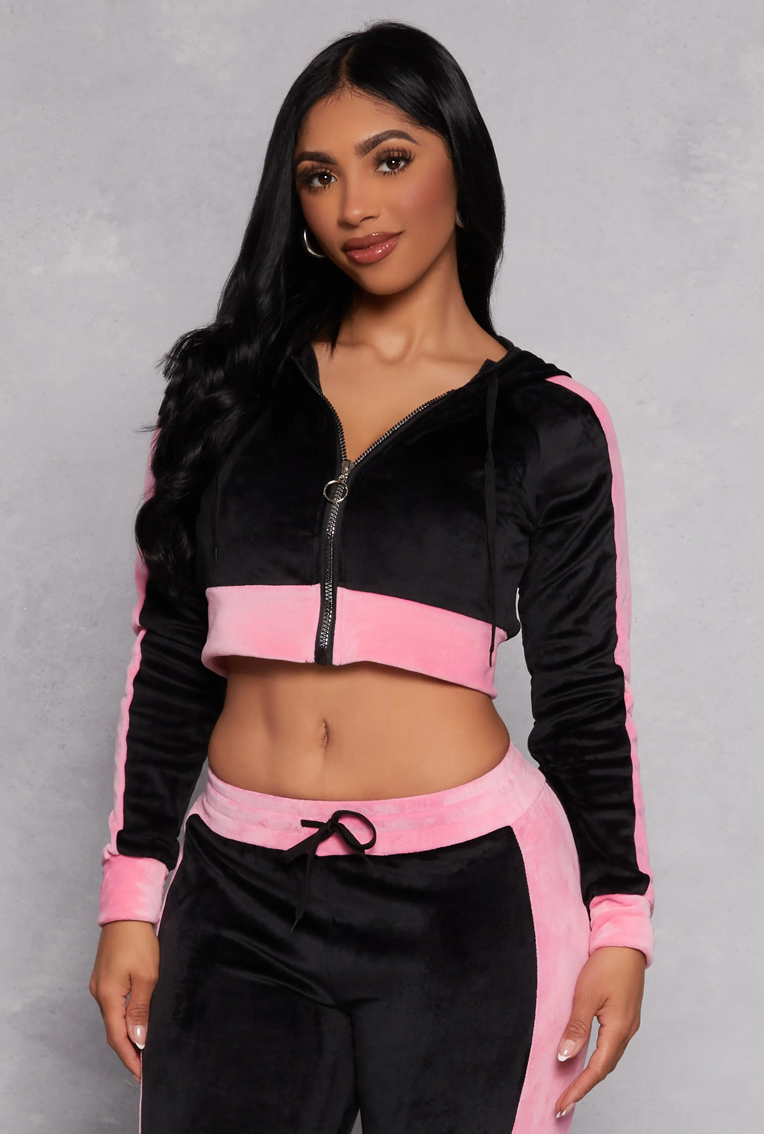 Velour Side Stripe Zip Front Cropped Hoodie sold by Rainbow