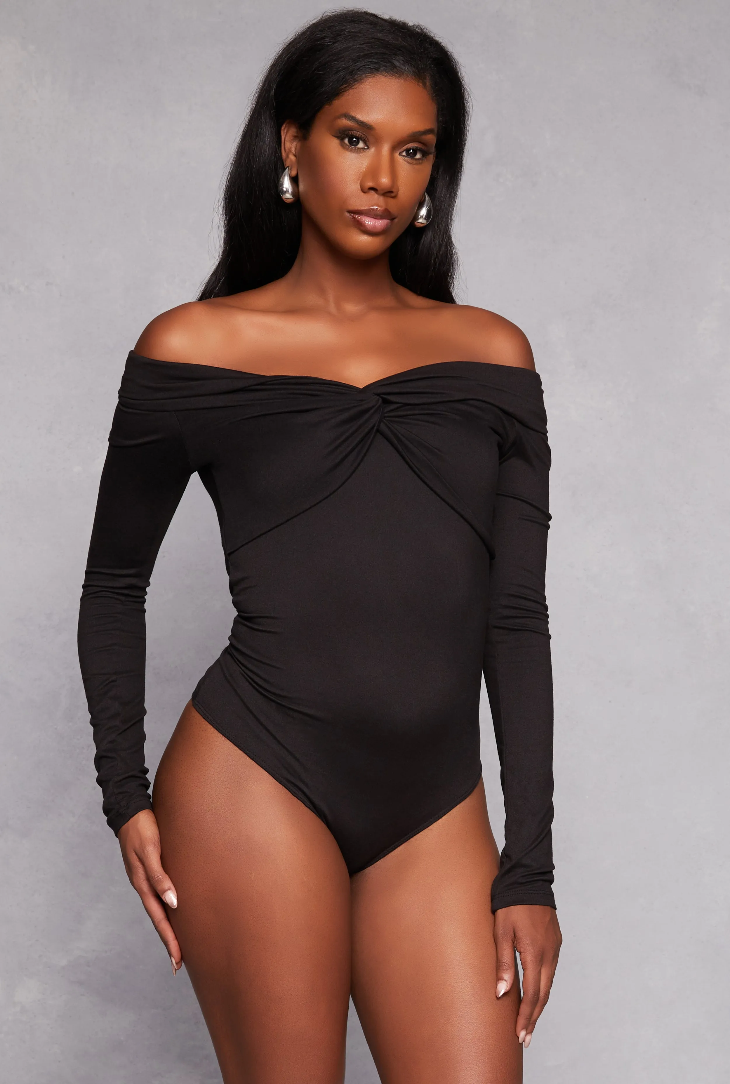Twist Front Off the Shoulder Bodysuit sold by Rainbow