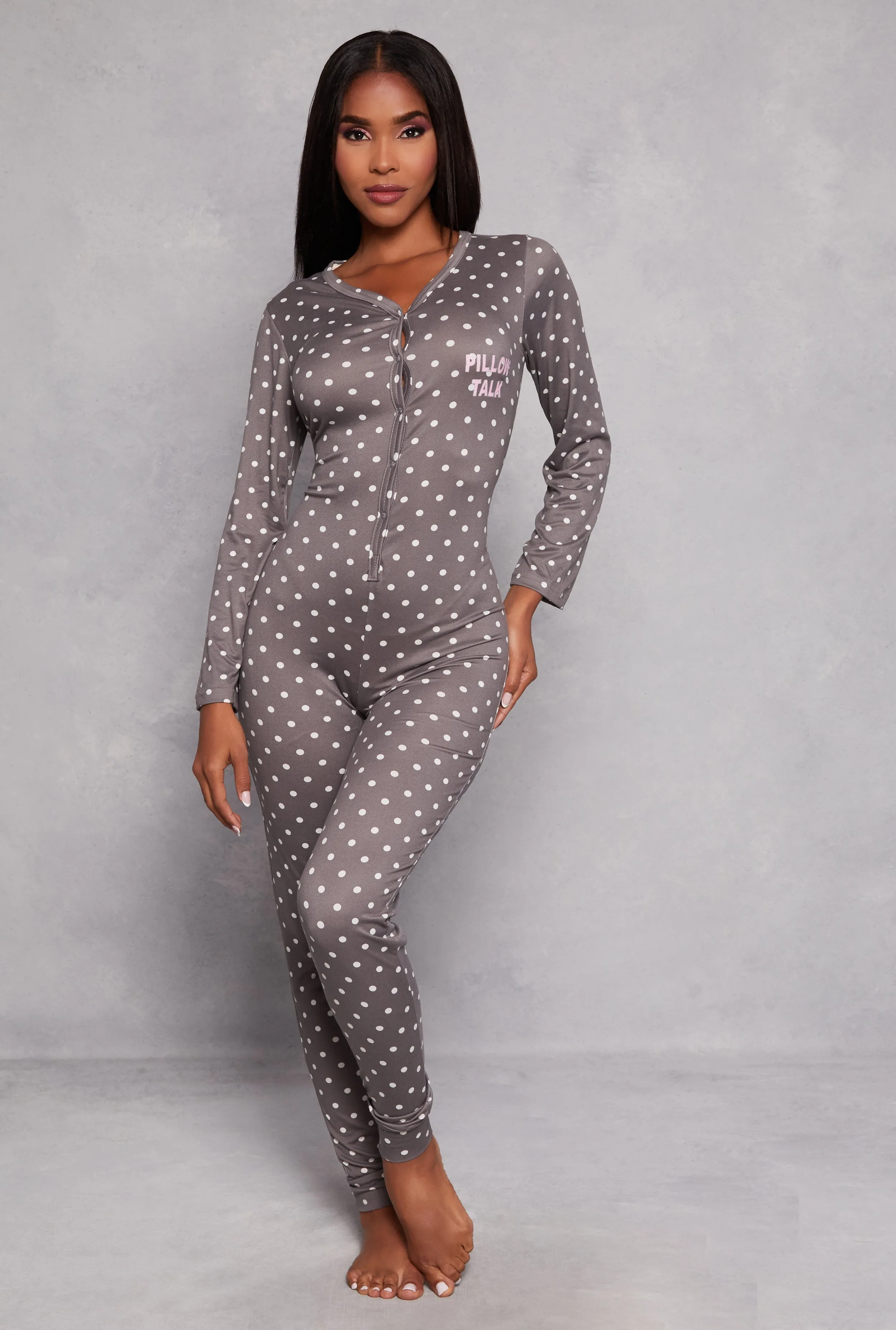 Pillow Talk Polka Dot Print Button Front Pajama Jumpsuit sold by Rainbow