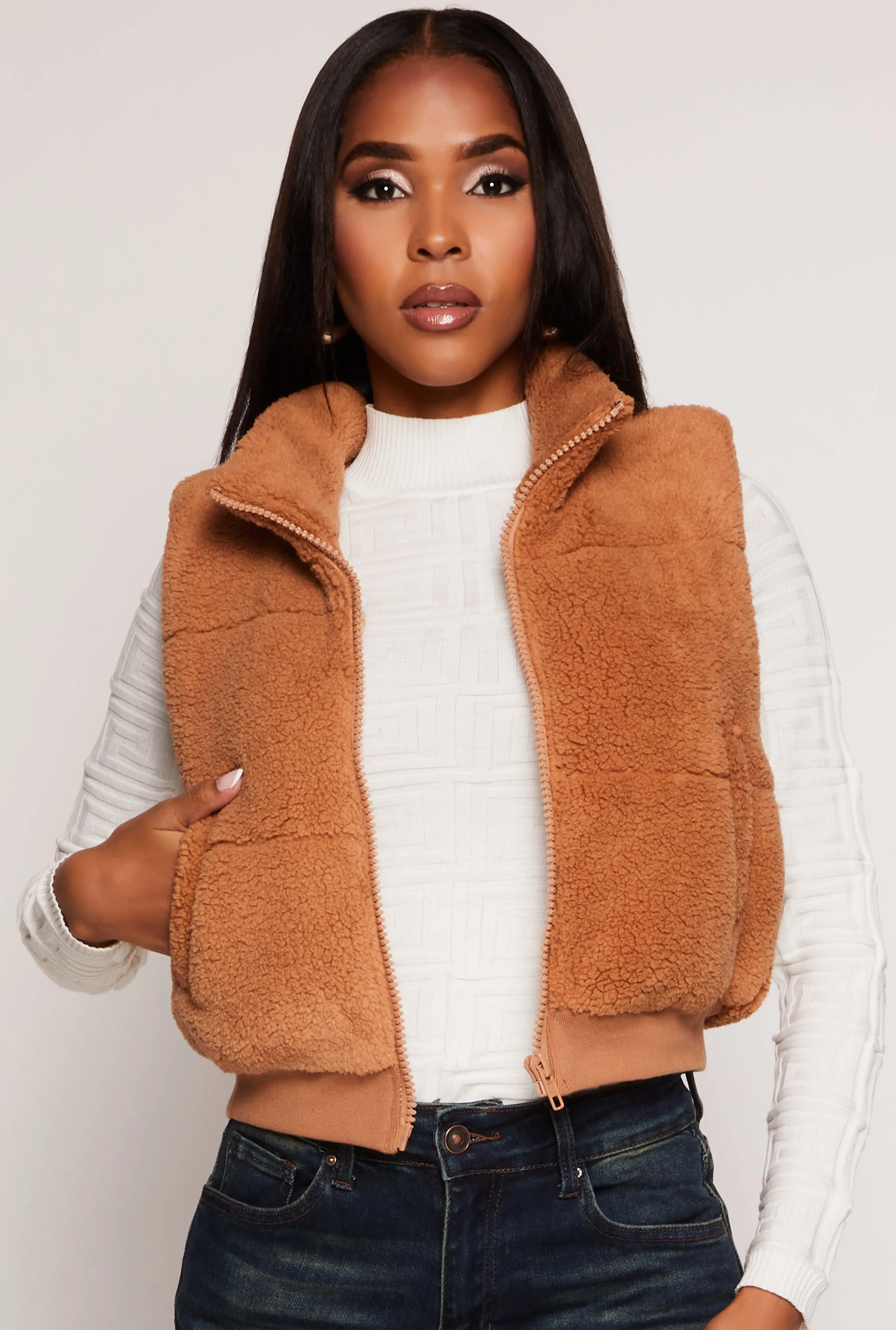 Almost Famous Sherpa Cropped Vest sold by Rainbow