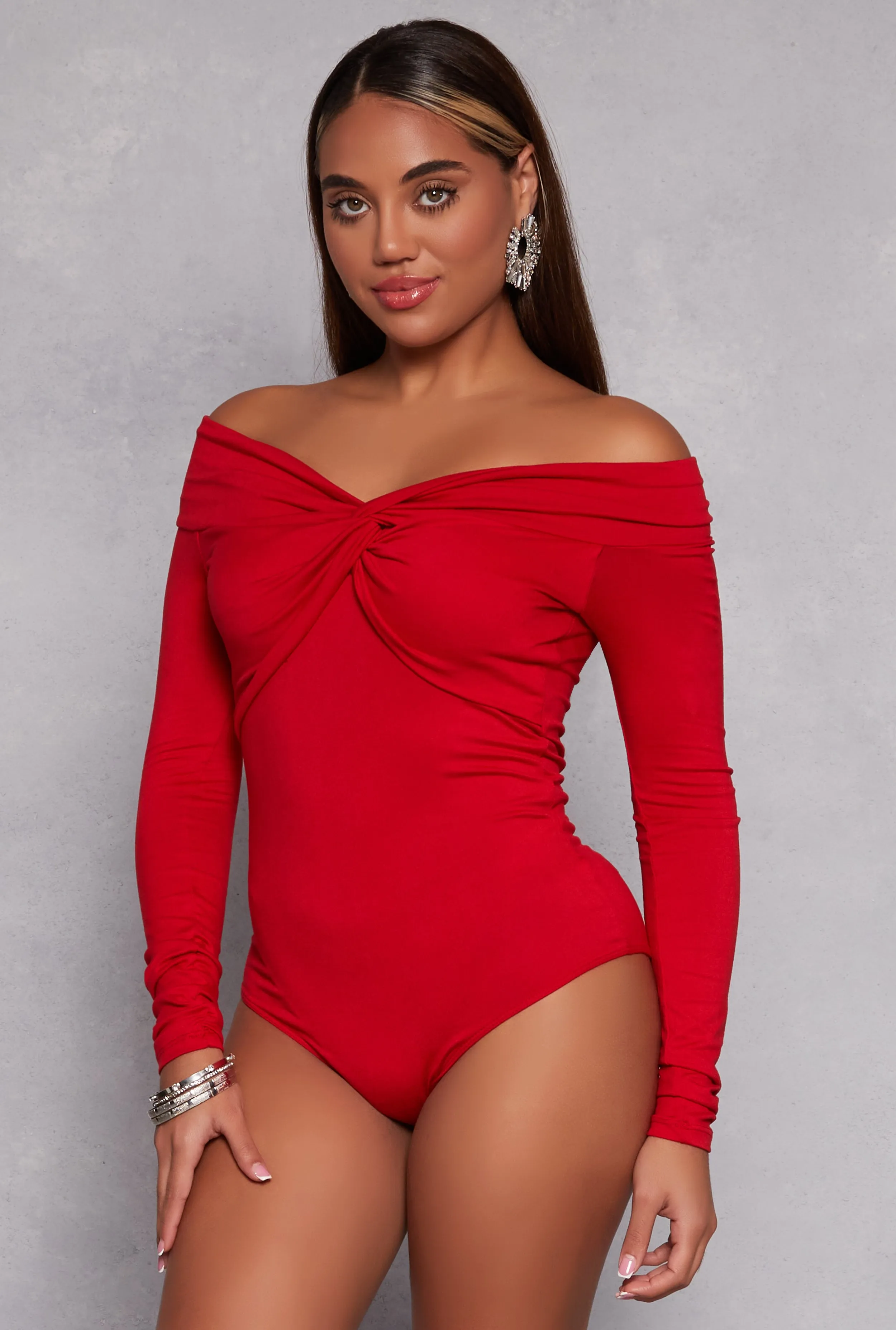 Twist Front Off the Shoulder Bodysuit sold by Rainbow