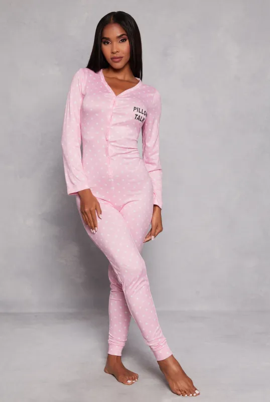 Pillow Talk Polka Dot Print Button Front Pajama Jumpsuit sold by Rainbow