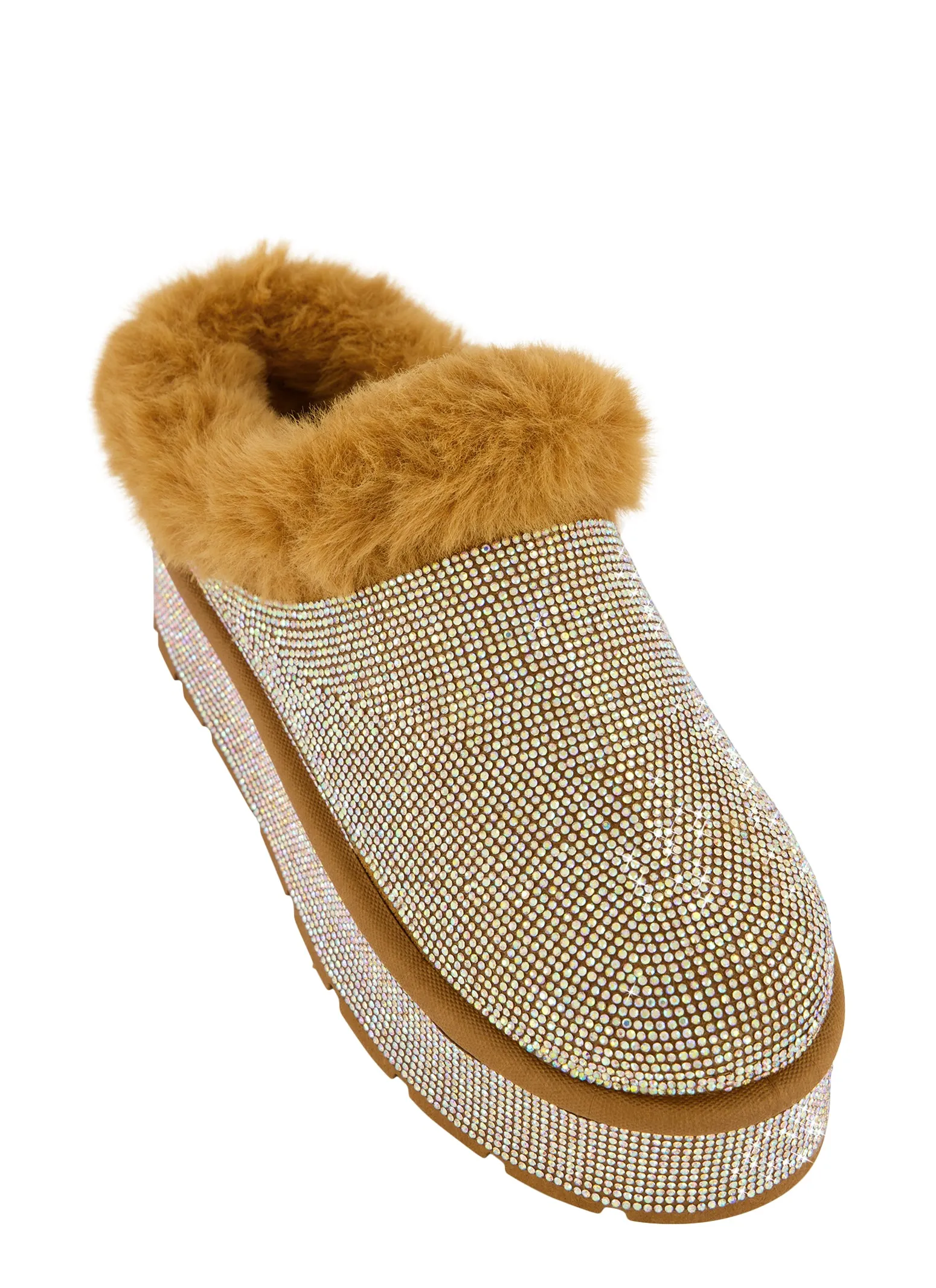 Faux Fur Rhinestone Platform Clogs sold by Rainbow