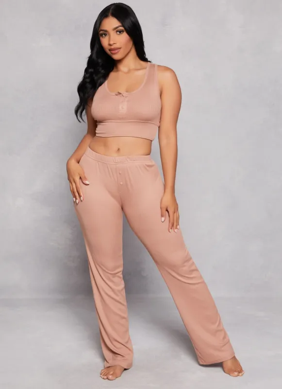 Ribbed Button Detail Pajama Bralette and Pants sold by Rainbow