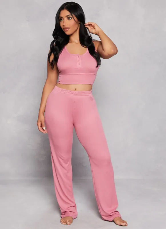 Ribbed Button Detail Pajama Bralette and Pants sold by Rainbow