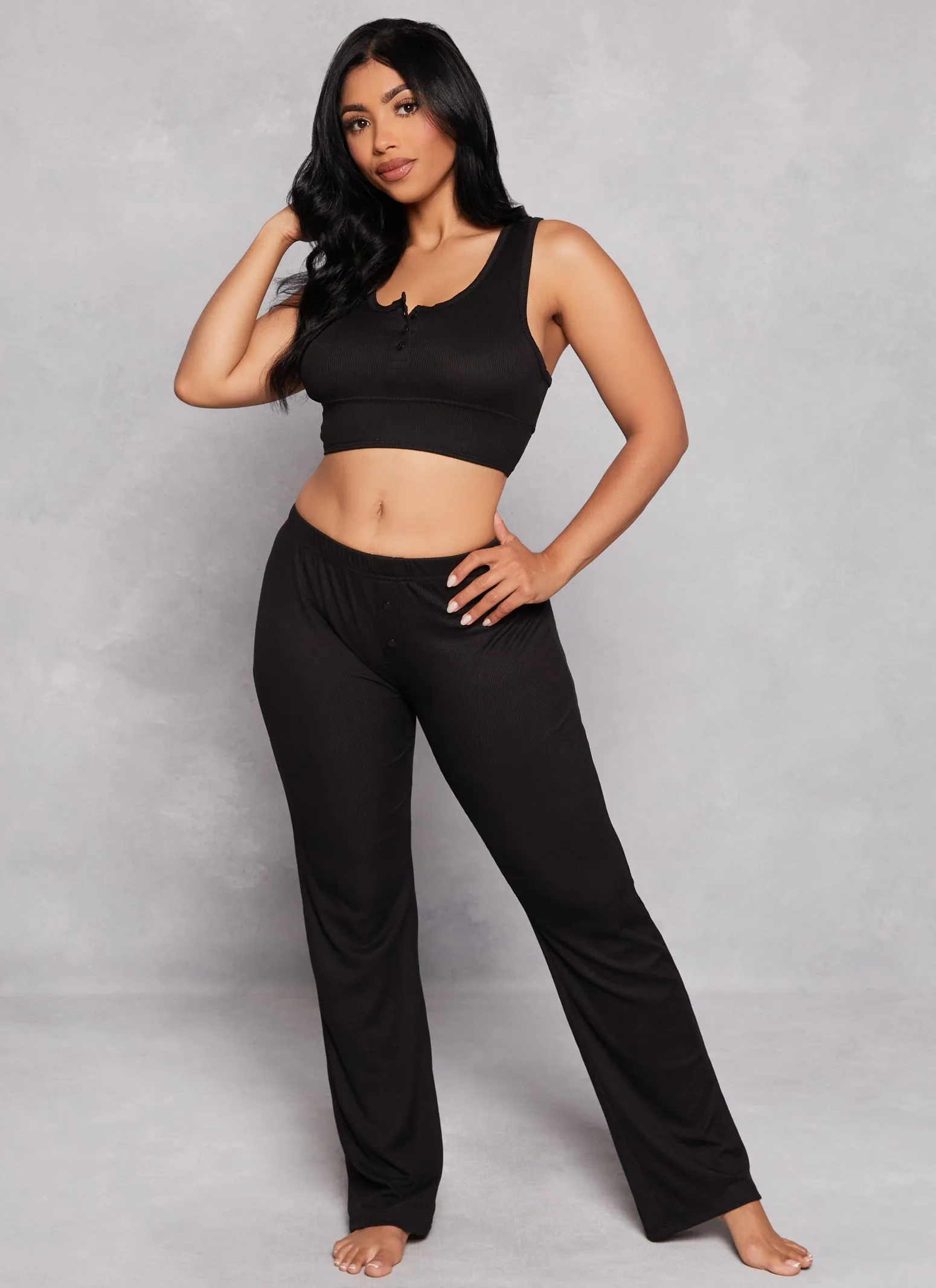 Ribbed Button Detail Pajama Bralette and Pants sold by Rainbow