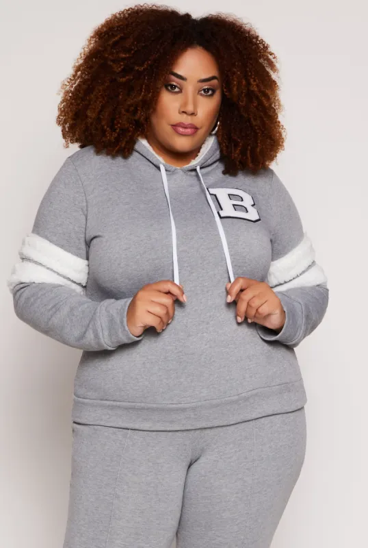 Plus Size B Initial Chenille Patch Pullover Hoodie sold by Rainbow