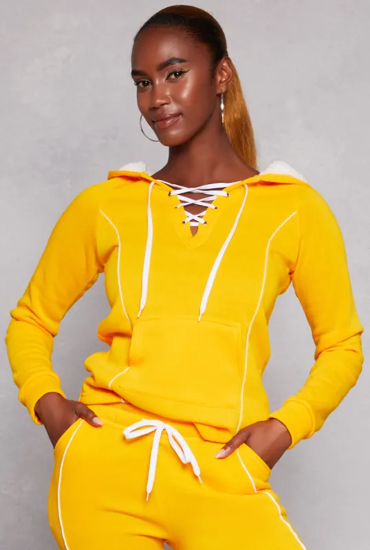 Fleece Contrast Piping Lace Up Pullover Hoodie sold by Rainbow