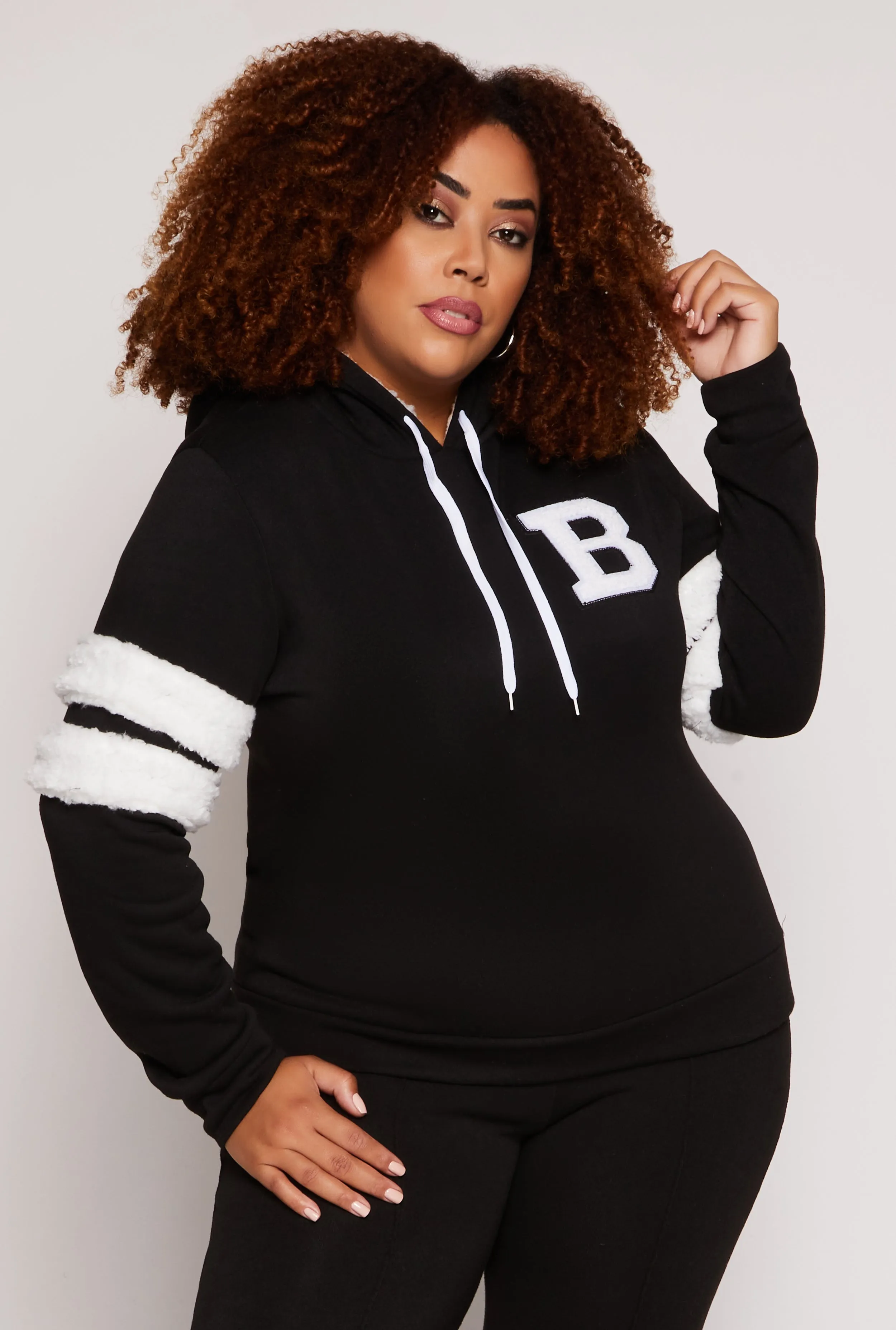 Plus Size B Initial Chenille Patch Pullover Hoodie sold by Rainbow