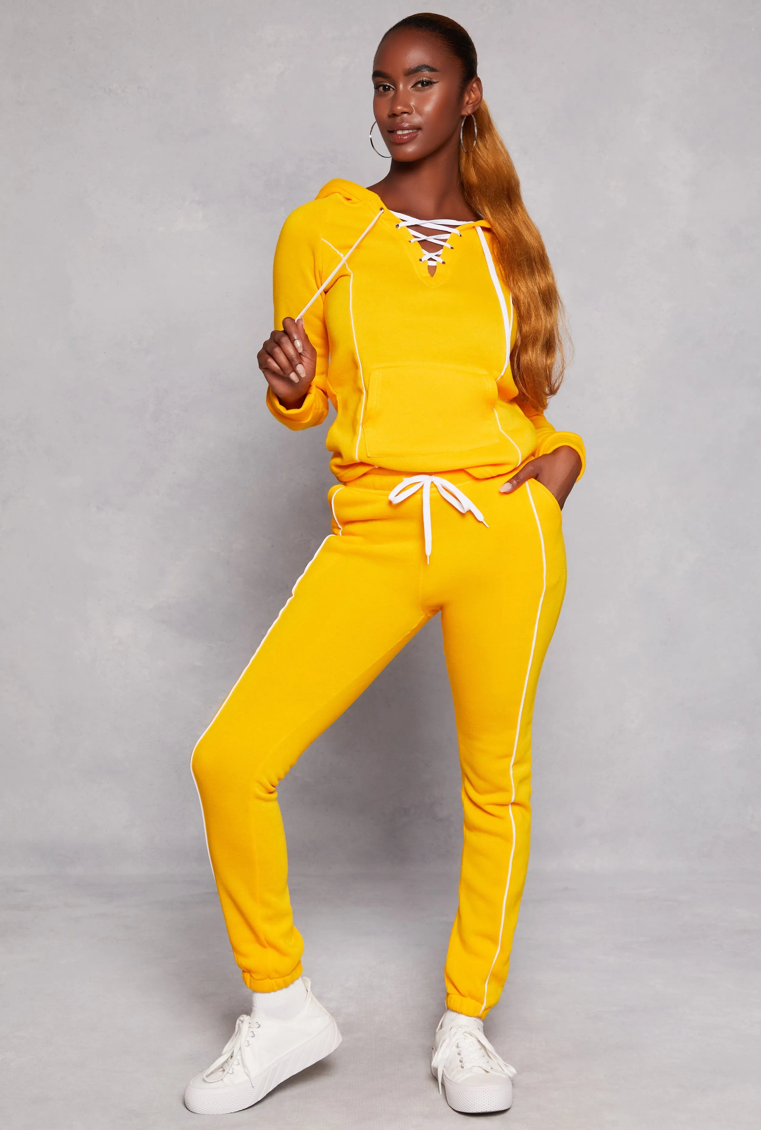 Fleece Drawstring Contrast Piping Joggers sold by Rainbow