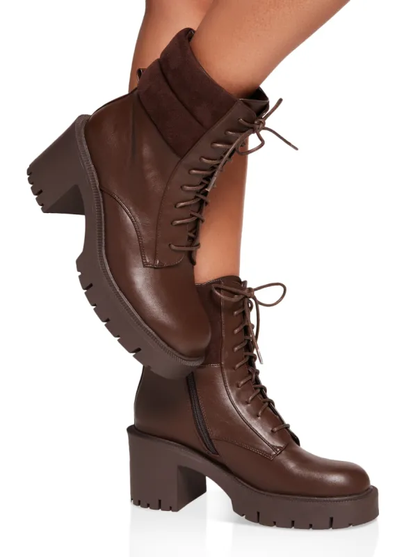 Lace Up Lug Sole Chunky Heel Cuff Ankle Boots sold by Rainbow