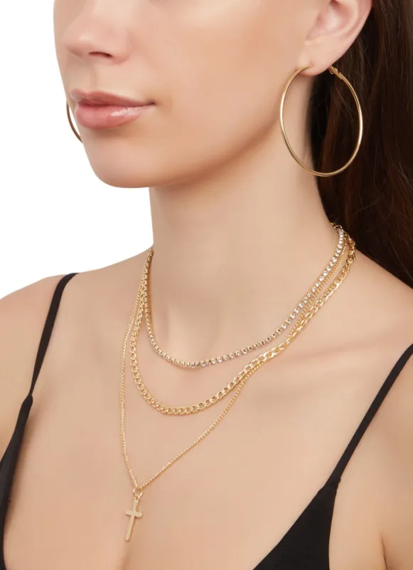 Rhinestone Cross Layered Necklace and Hoop Earrings sold by Rainbow