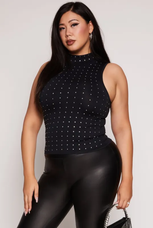 Plus Size Rhinestone Studded Mock Neck Top sold by Rainbow