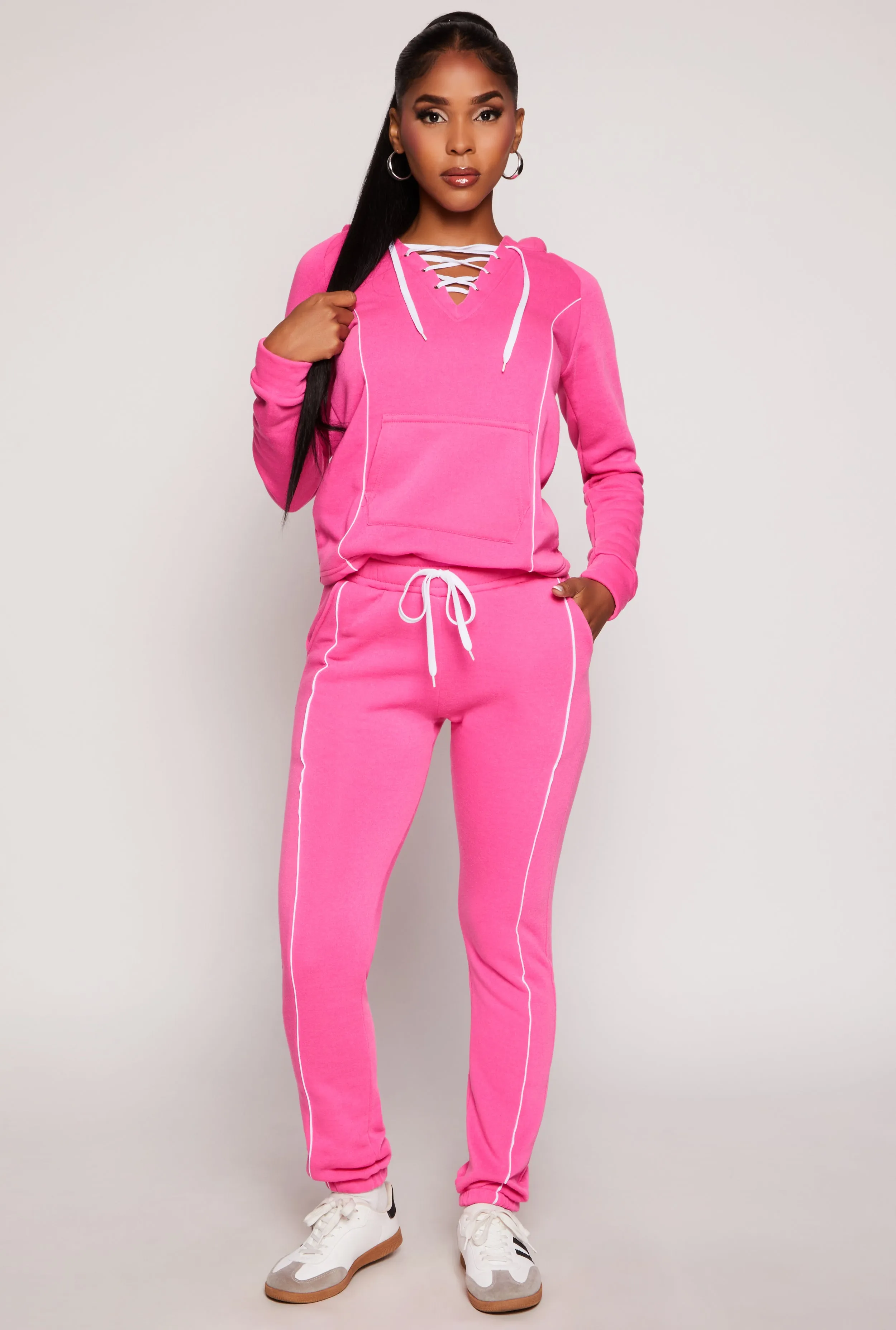 Fleece Drawstring Contrast Piping Joggers sold by Rainbow