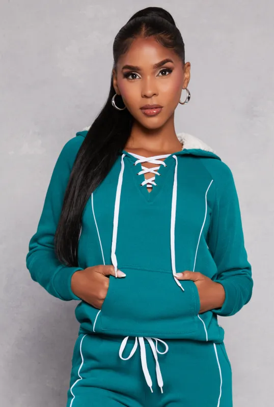 Fleece Contrast Piping Lace Up Pullover Hoodie sold by Rainbow