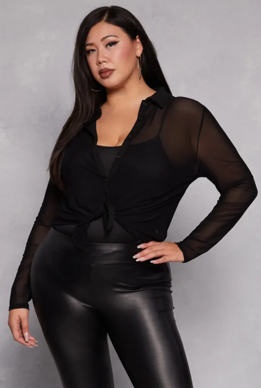 Plus Size Mesh Button Front Shirt With Cami sold by Rainbow
