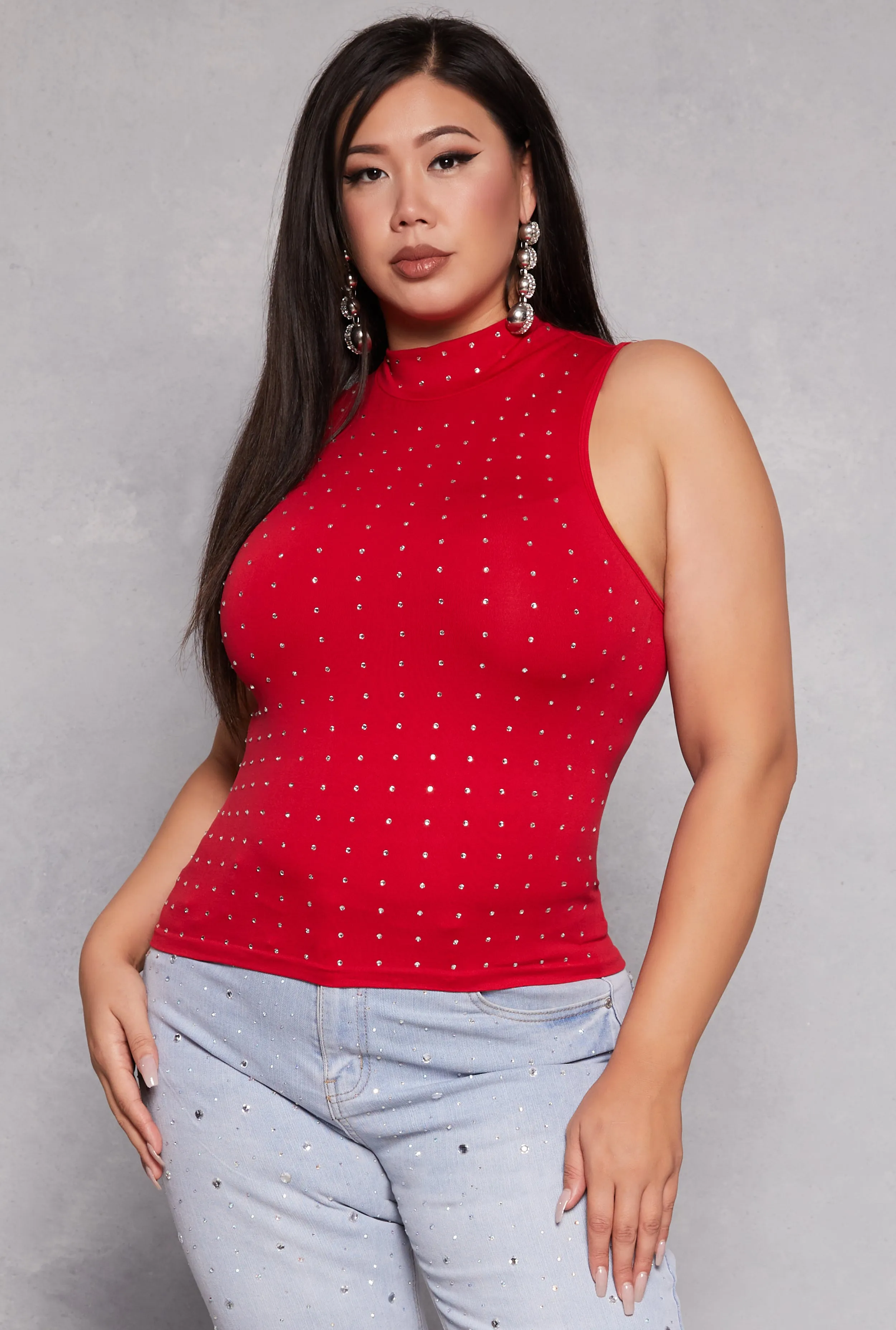 Plus Size Rhinestone Studded Mock Neck Top sold by Rainbow