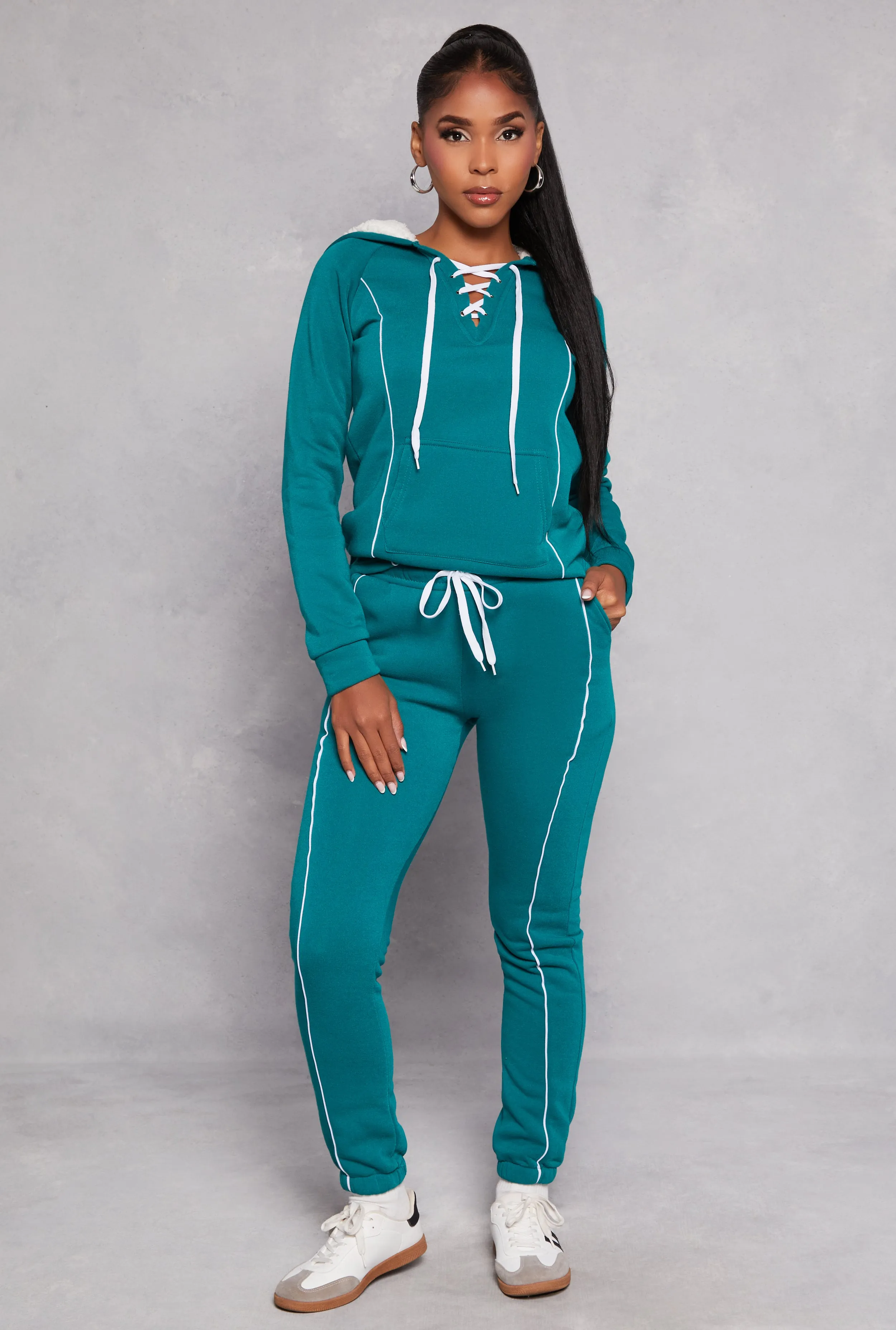 Fleece Drawstring Contrast Piping Joggers sold by Rainbow