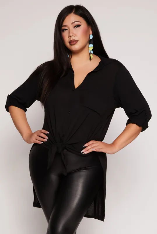 Plus Size Tabbed Sleeve Button Front Tunic Shirt sold by Rainbow