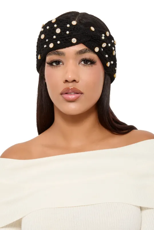 Rhinestone Faux Pearl Twist Front Head Wrap sold by Rainbow