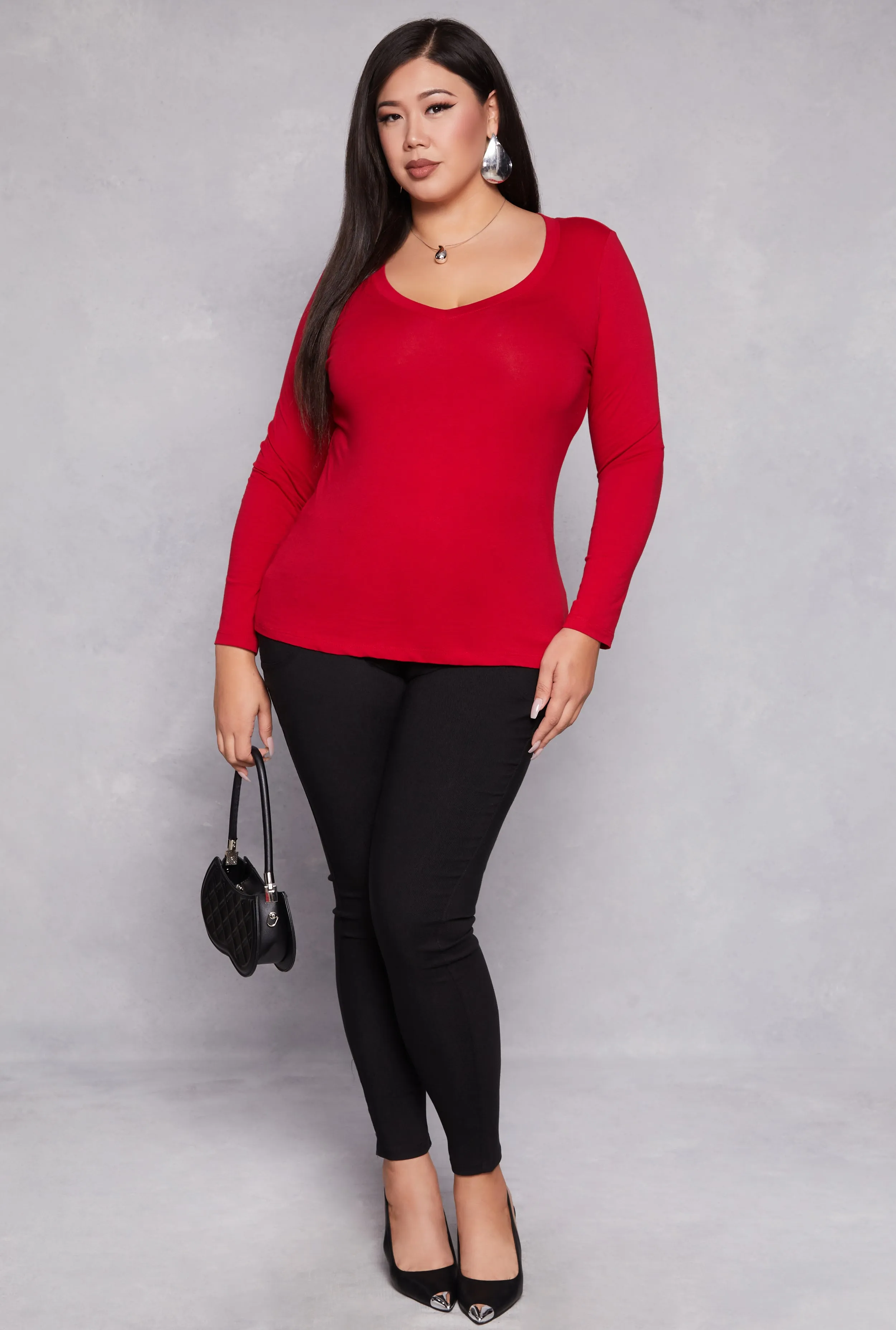 Plus Size Basic Long Sleeve V Neck Tee sold by Rainbow product image thumbnail 2