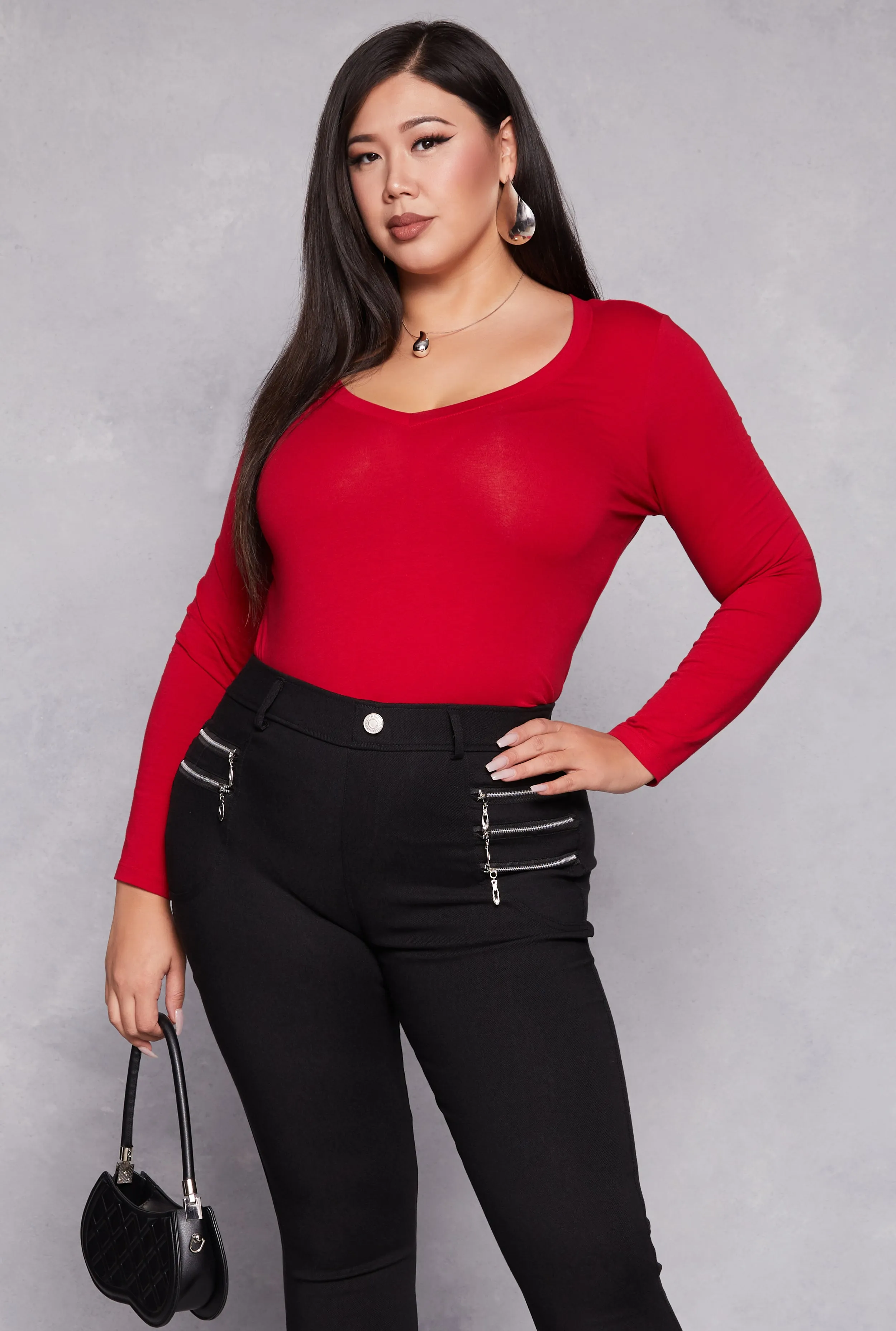 Plus Size Basic Long Sleeve V Neck Tee sold by Rainbow