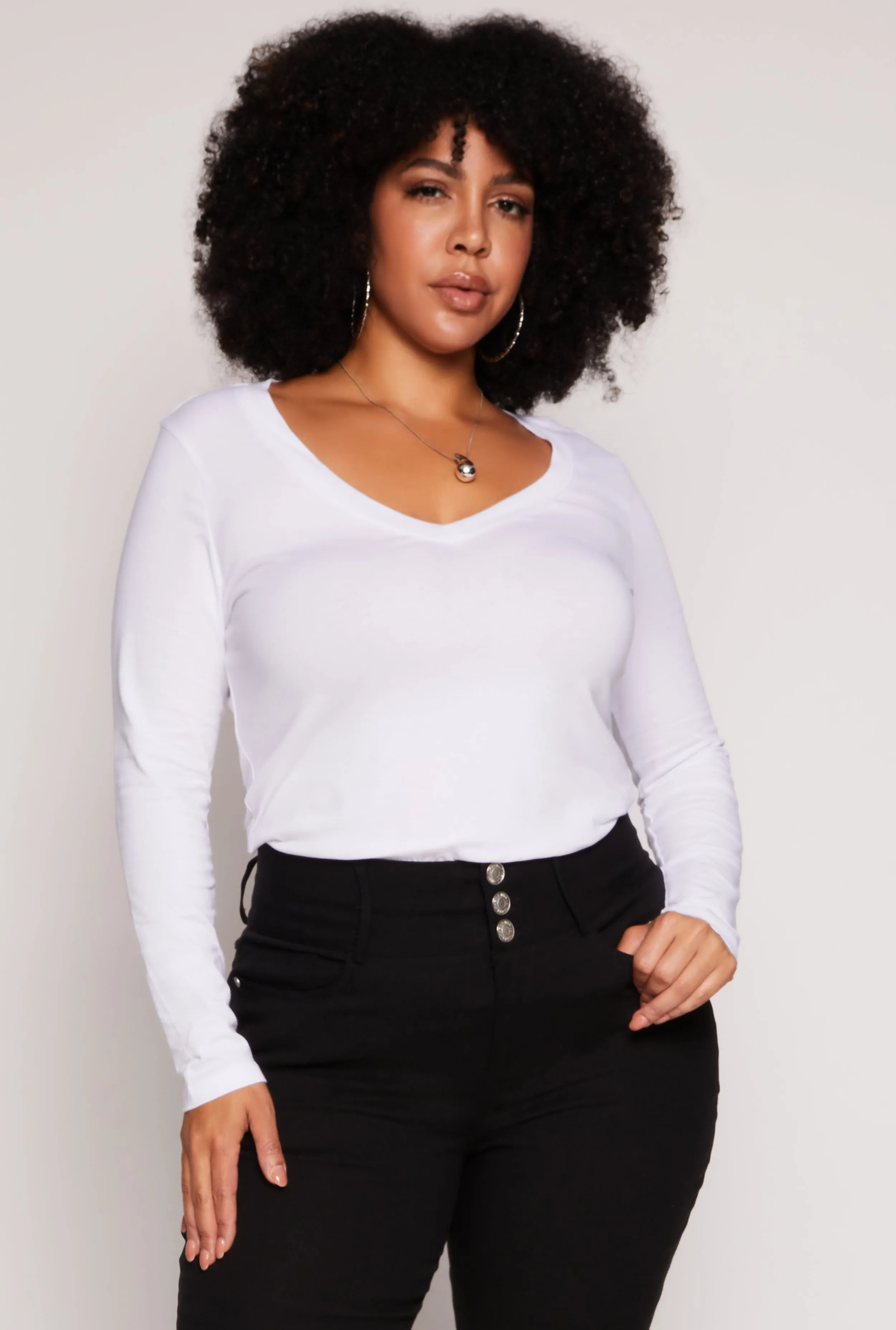 Plus Size Basic Long Sleeve V Neck Tee sold by Rainbow