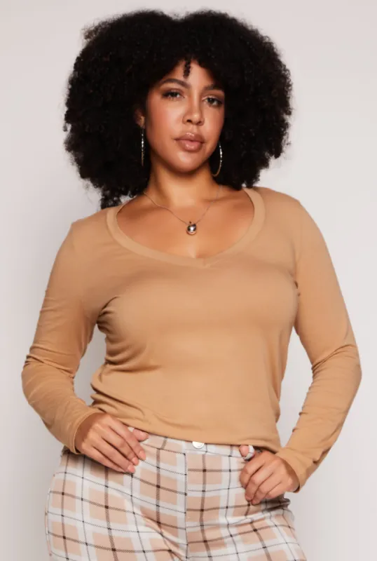 Plus Size Basic Long Sleeve V Neck Tee sold by Rainbow