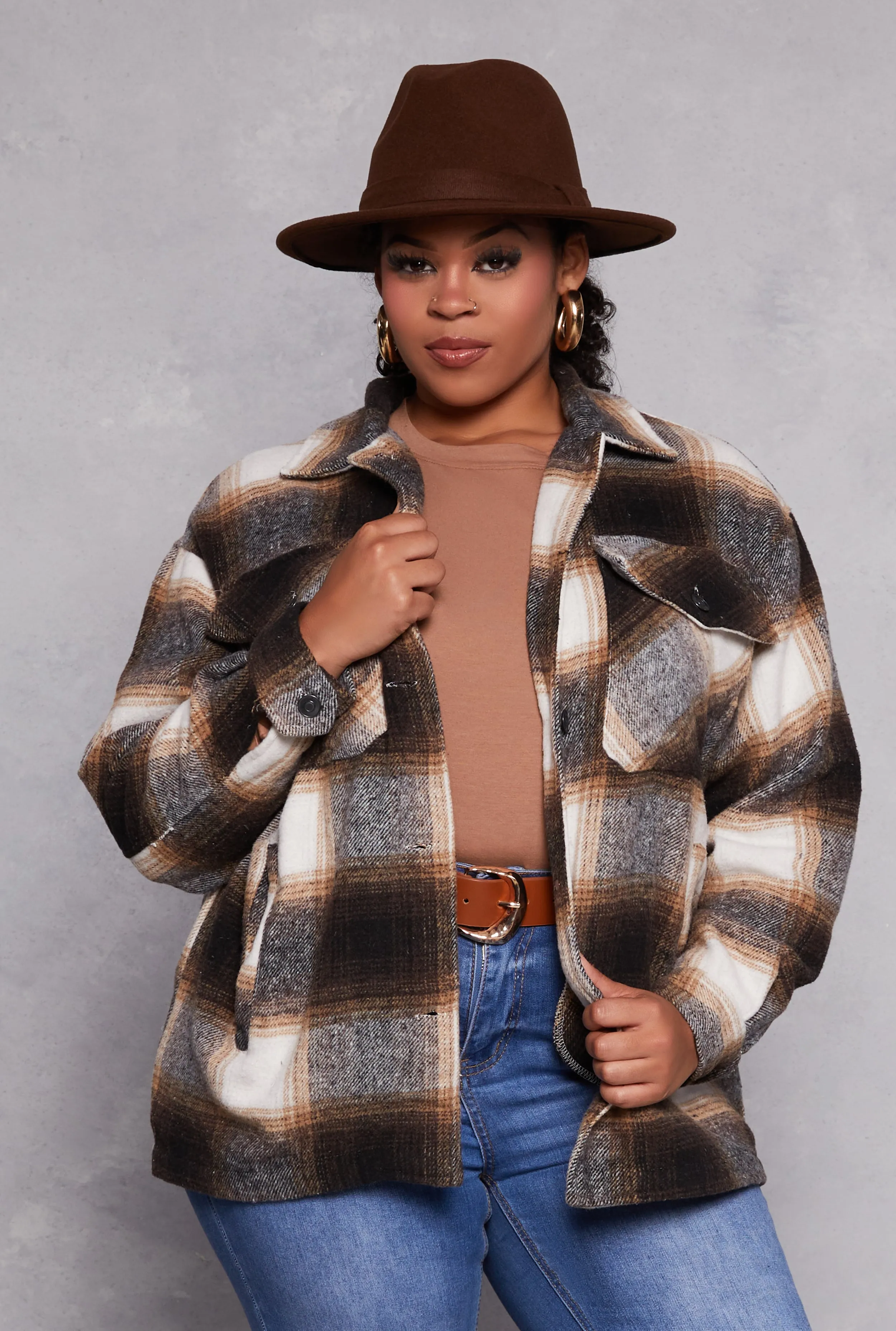 Plus Size Brushed Knit Plaid Shacket sold by Rainbow