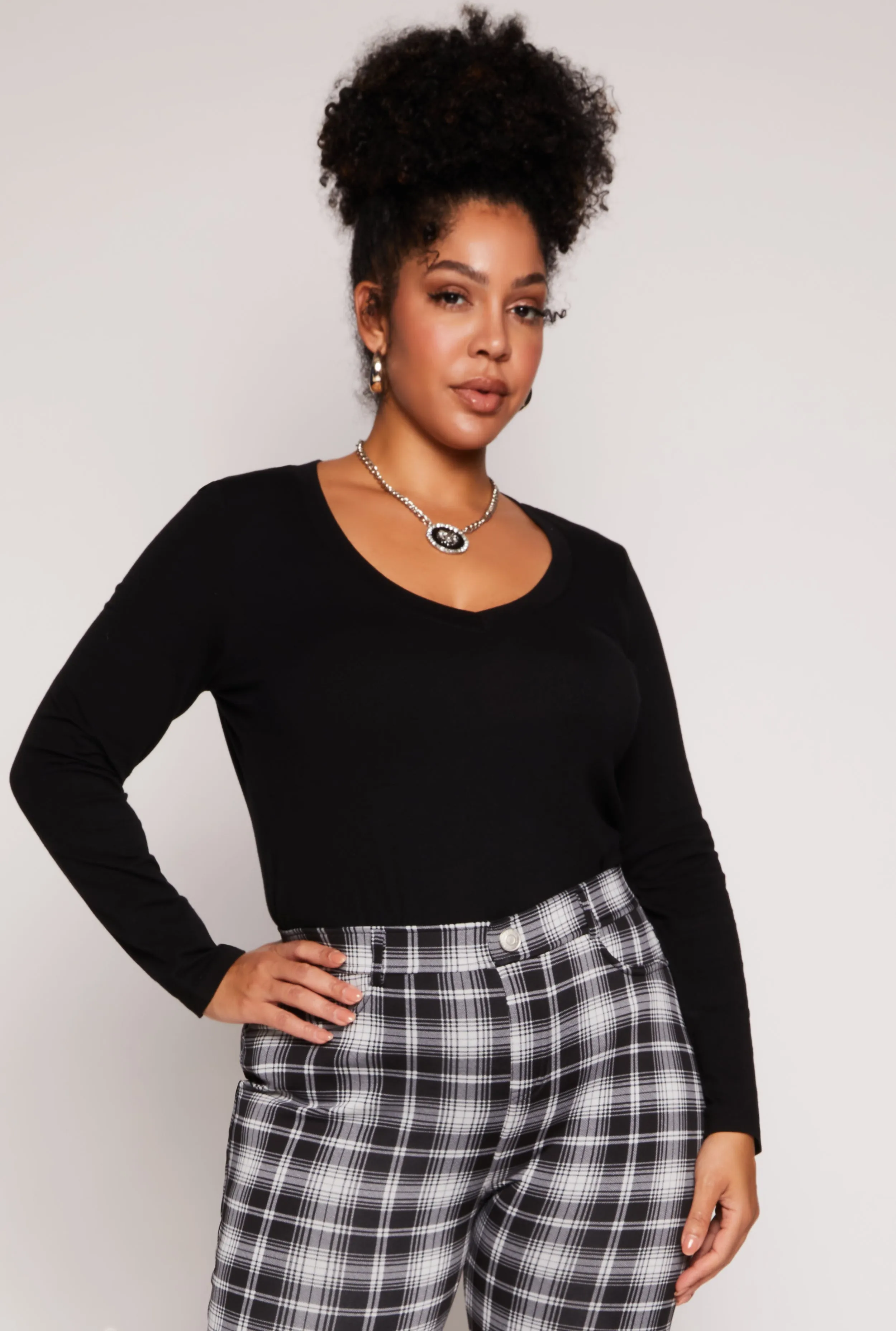 Plus Size Basic Long Sleeve V Neck Tee sold by Rainbow