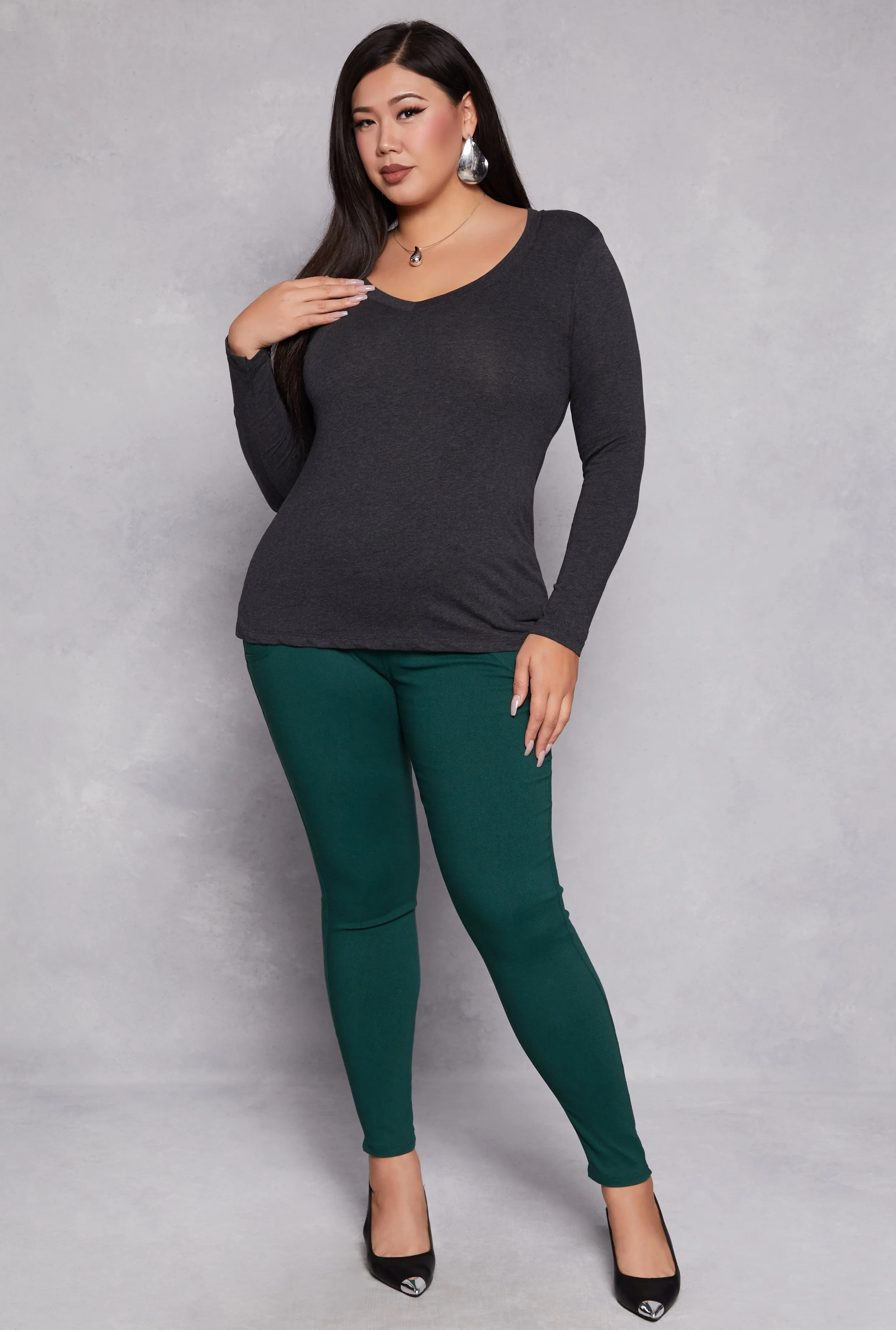 Plus Size Basic Long Sleeve V Neck Tee sold by Rainbow product image thumbnail 2