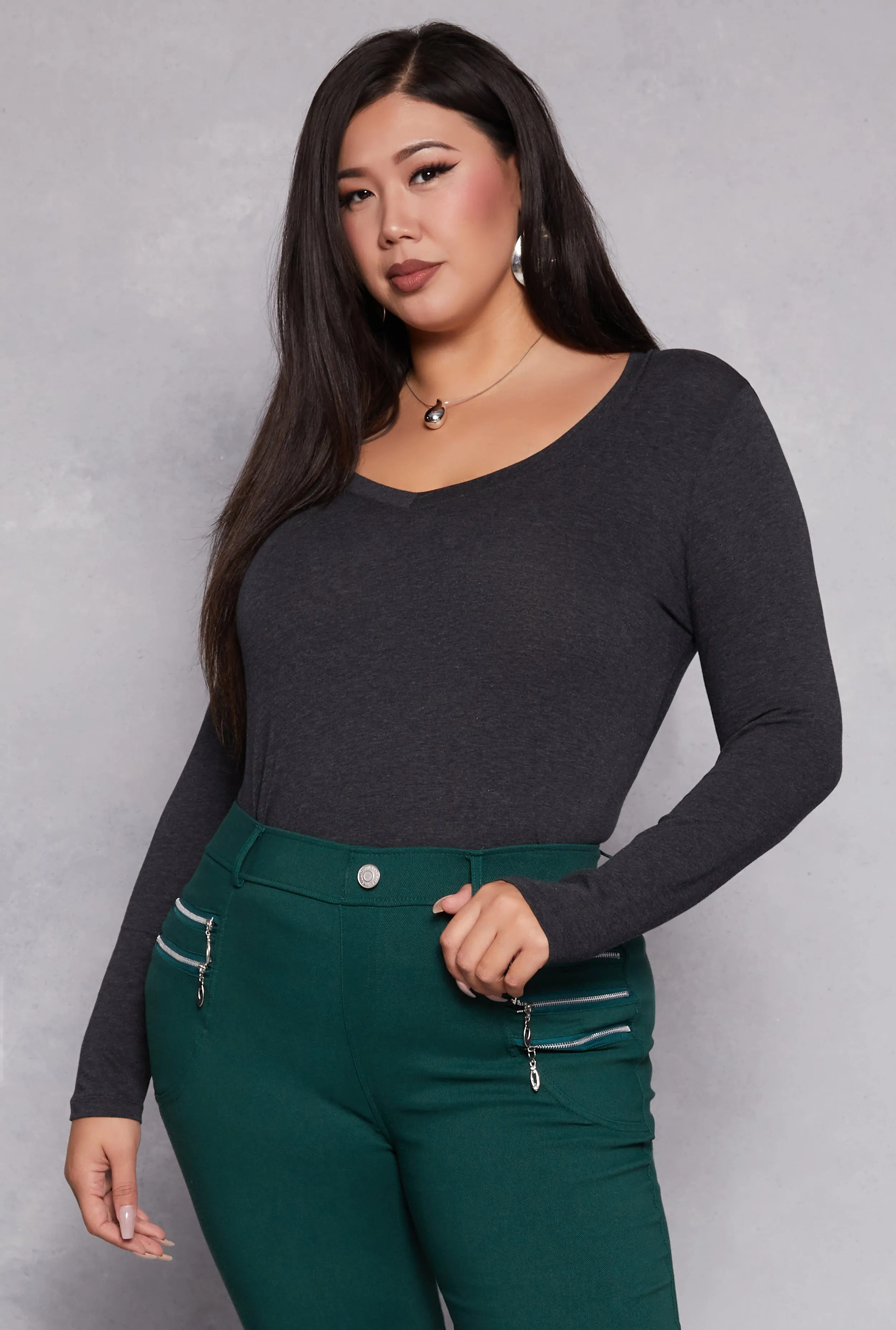 Plus Size Basic Long Sleeve V Neck Tee sold by Rainbow