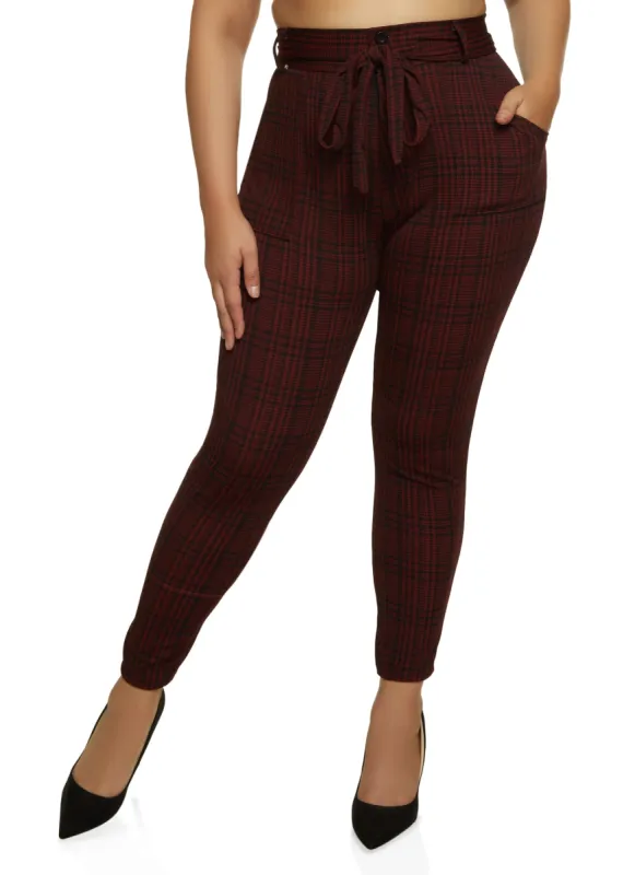 Plus Size Plaid High Waist Belted Skinny Pants sold by Rainbow