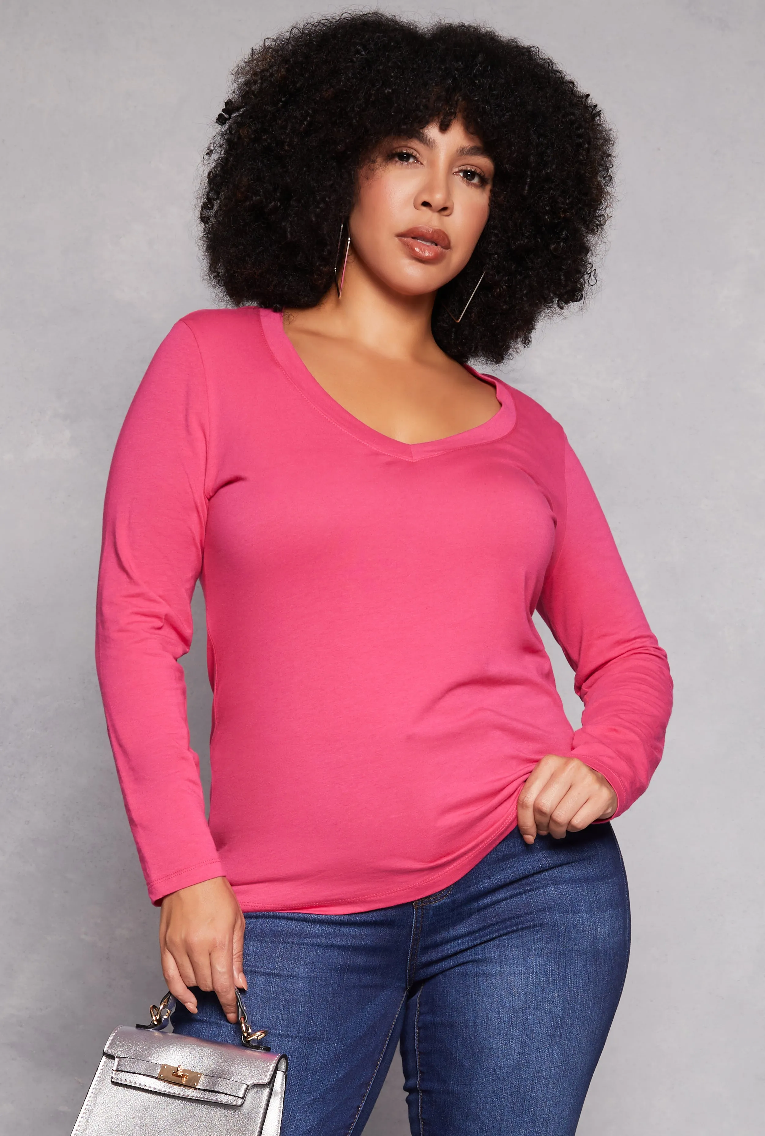 Plus Size Basic Long Sleeve V Neck Tee sold by Rainbow