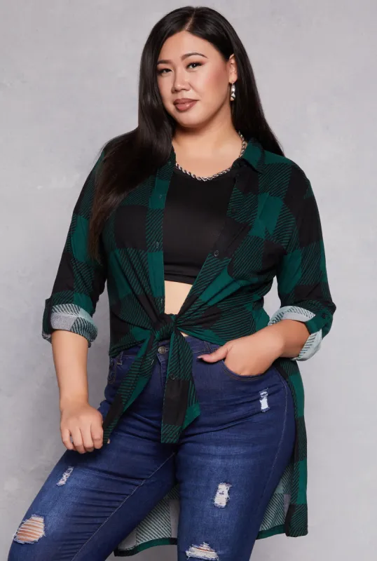 Plus Size Plaid Tie Front High Low Top sold by Rainbow