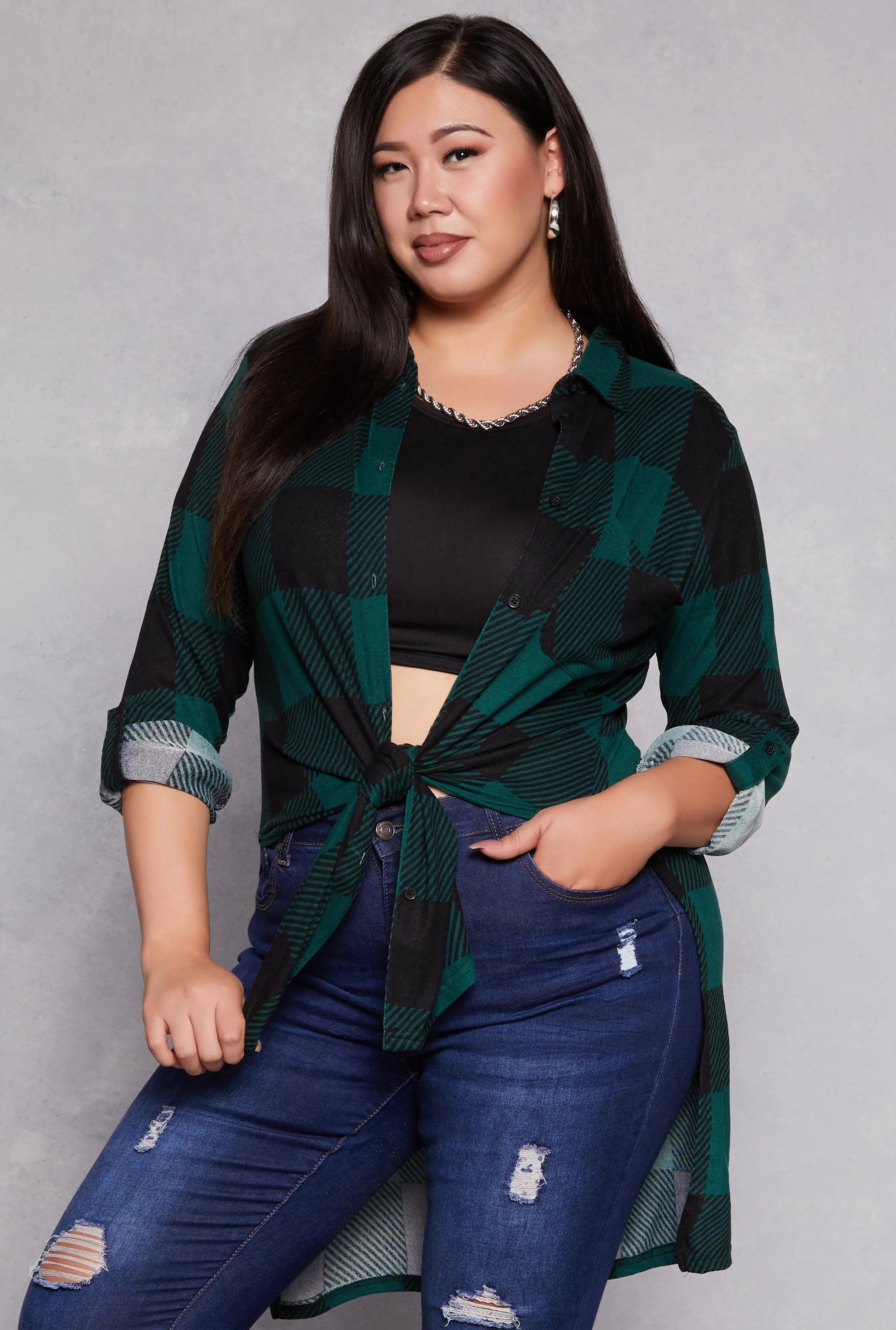 Plus Size Plaid Tie Front High Low Top sold by Rainbow