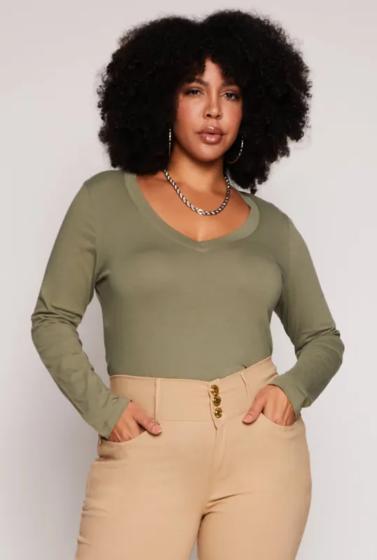 Plus Size Basic Long Sleeve V Neck Tee sold by Rainbow