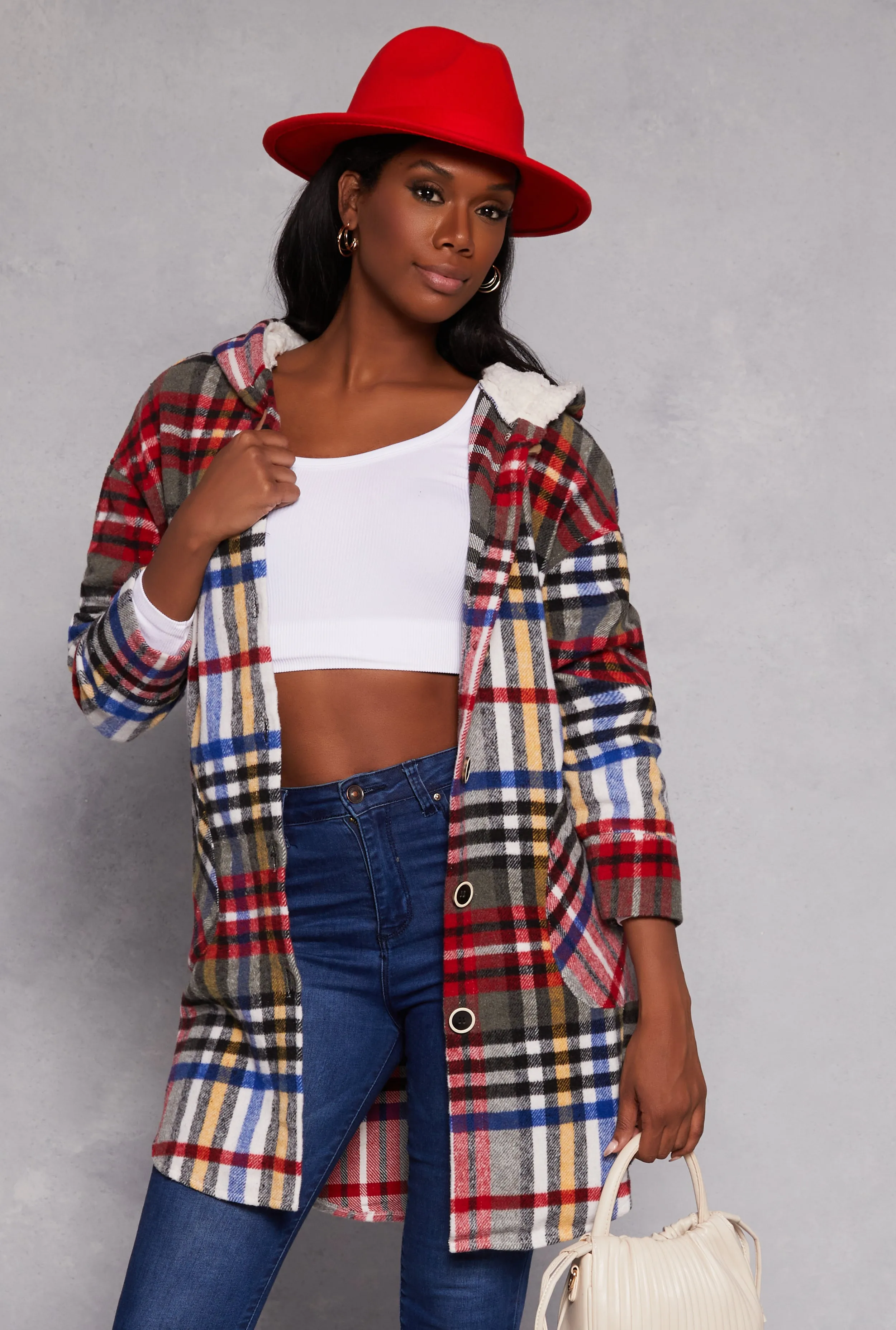 Spoon Jeans Plaid Flannel Long Hooded Shacket sold by Rainbow