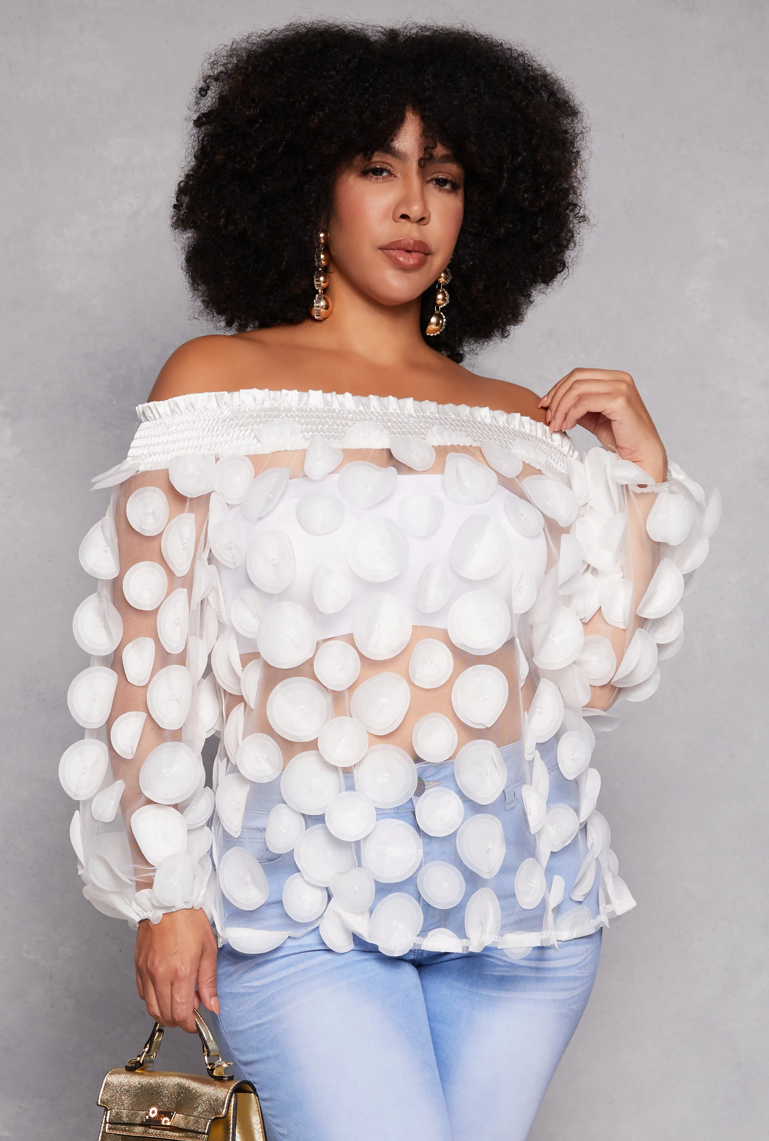 Plus Size Sheer Polka Dot Off the Shoulder Blouse sold by Rainbow