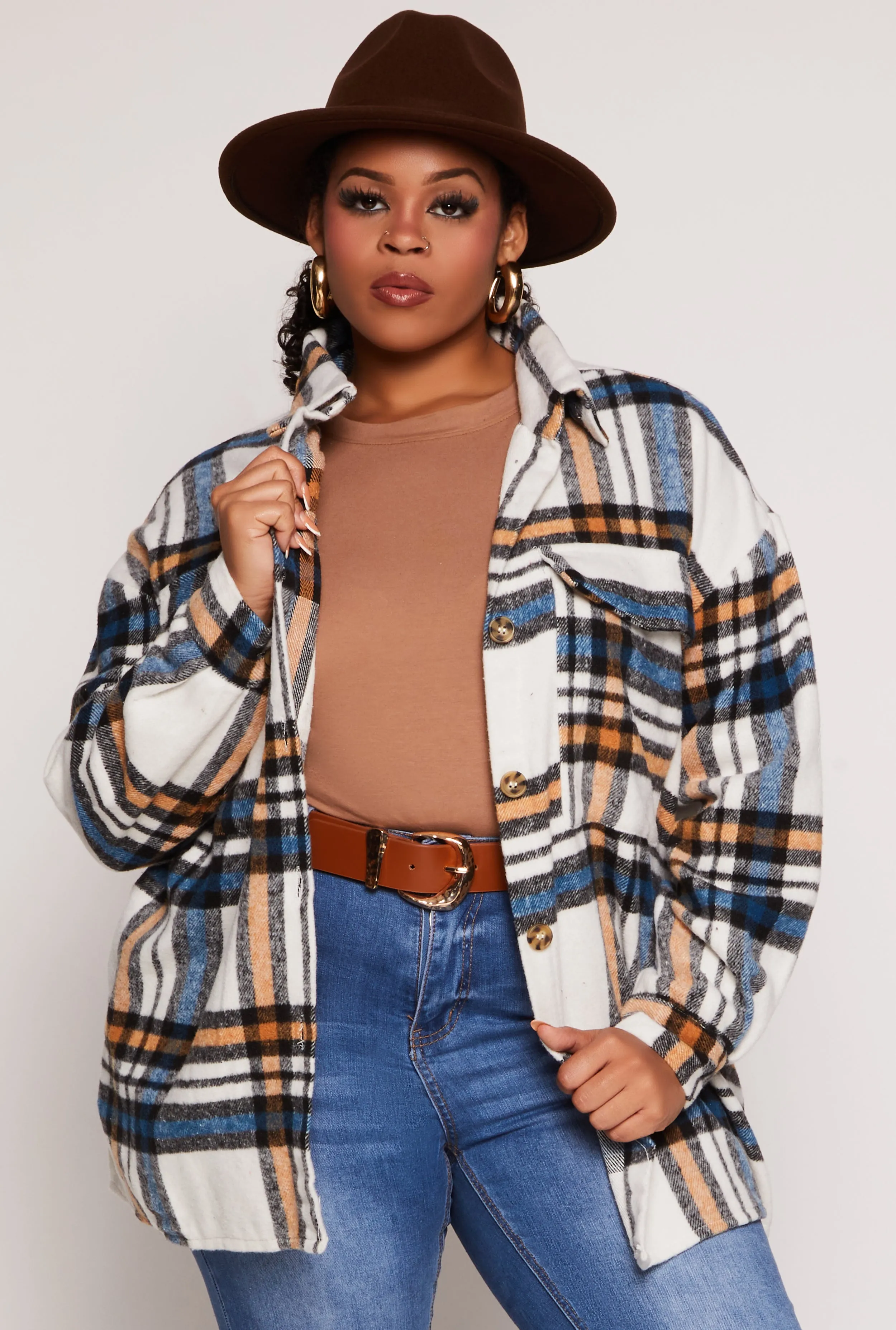 Plus Size Spoon Jeans Brushed Knit Plaid Shacket sold by Rainbow