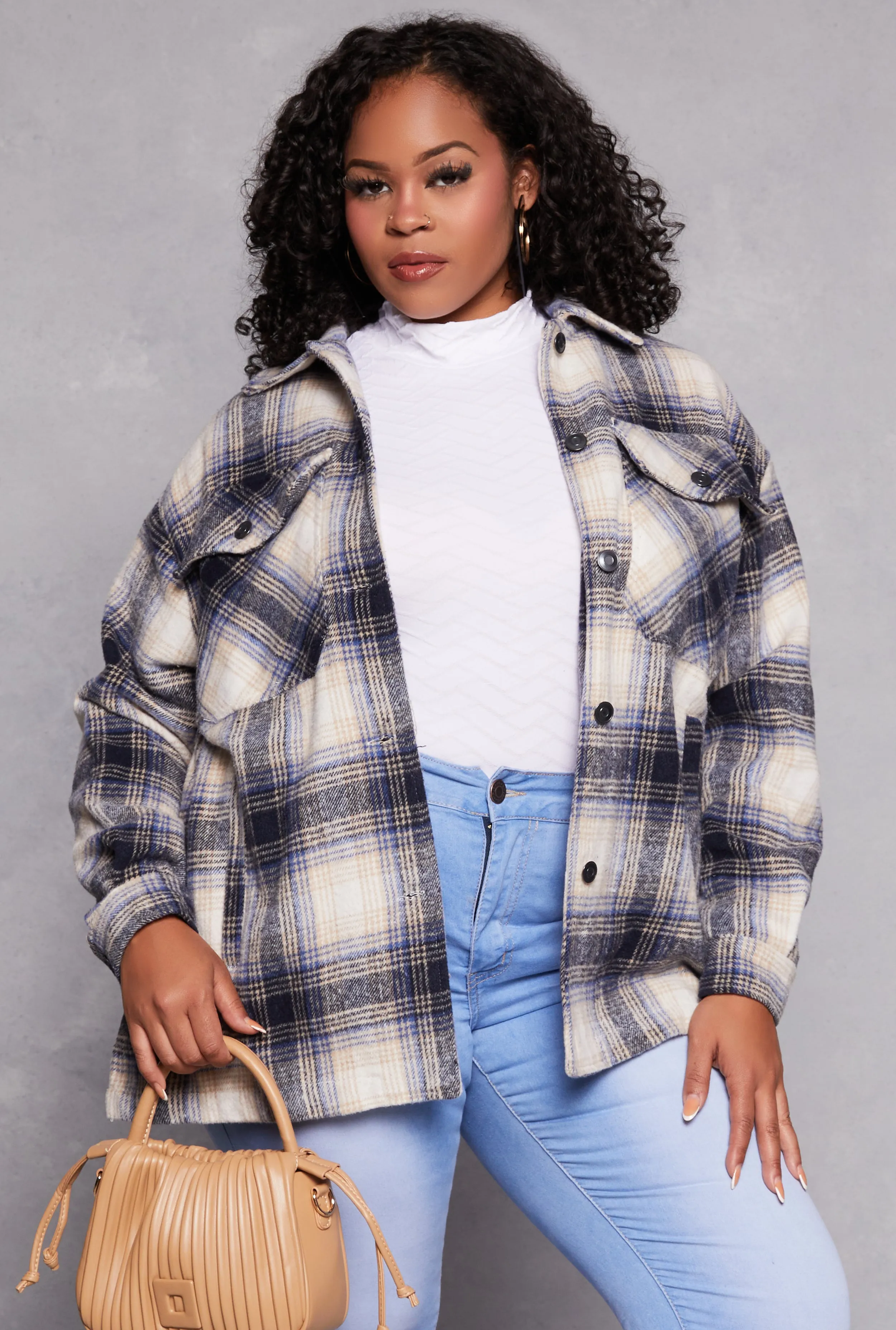 Plus Size Brushed Knit Plaid Shacket sold by Rainbow