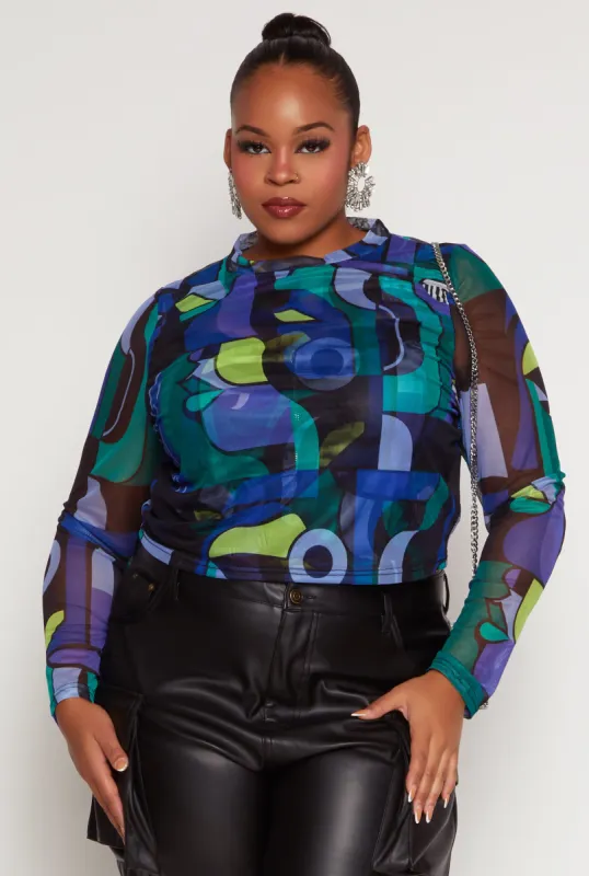 Plus Size Mesh Abstract Print Long Sleeve Crop Top sold by Rainbow
