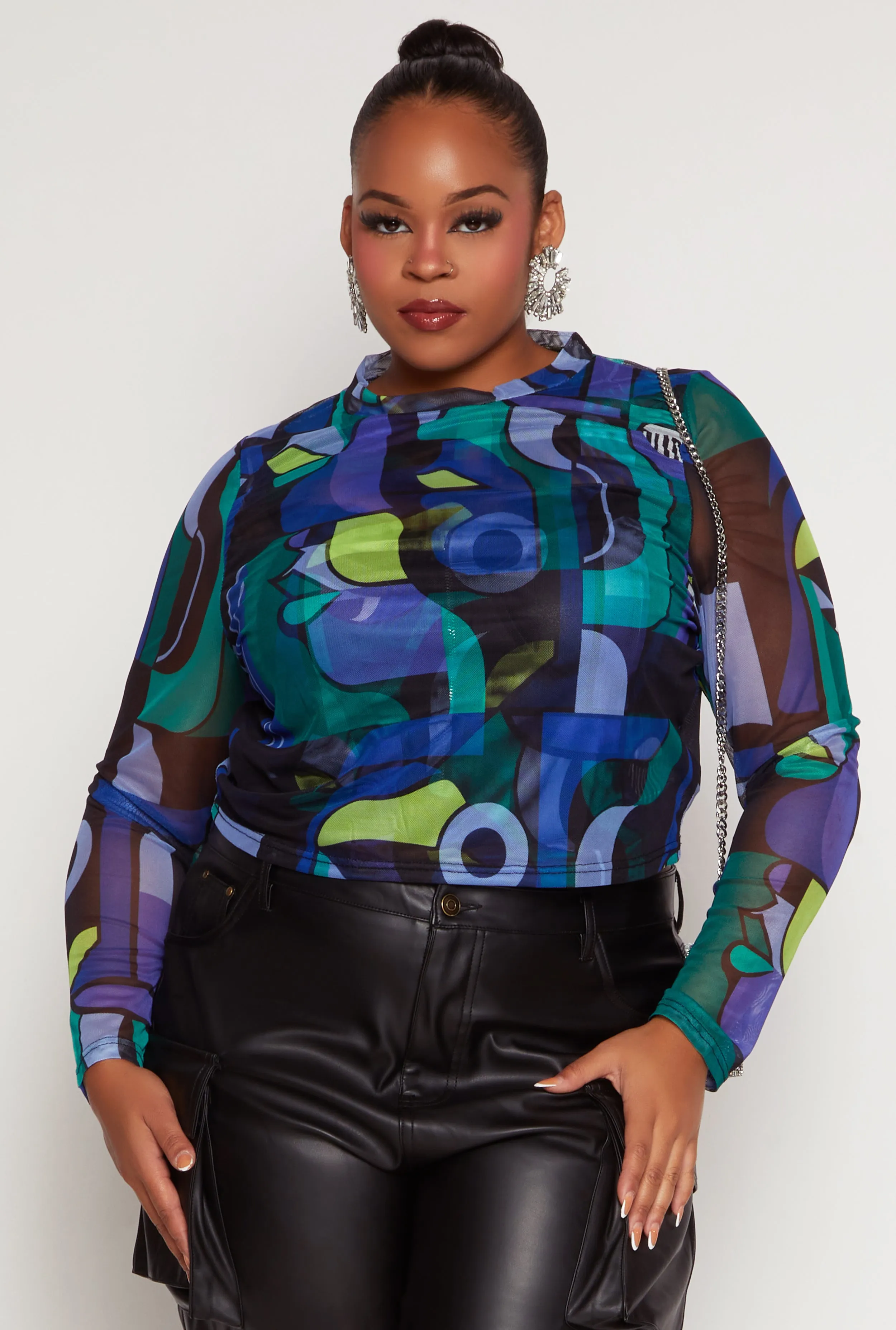 Plus Size Mesh Abstract Print Long Sleeve Crop Top sold by Rainbow