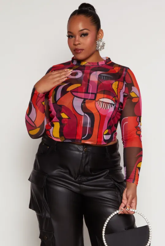 Plus Size Mesh Abstract Print Long Sleeve Crop Top sold by Rainbow