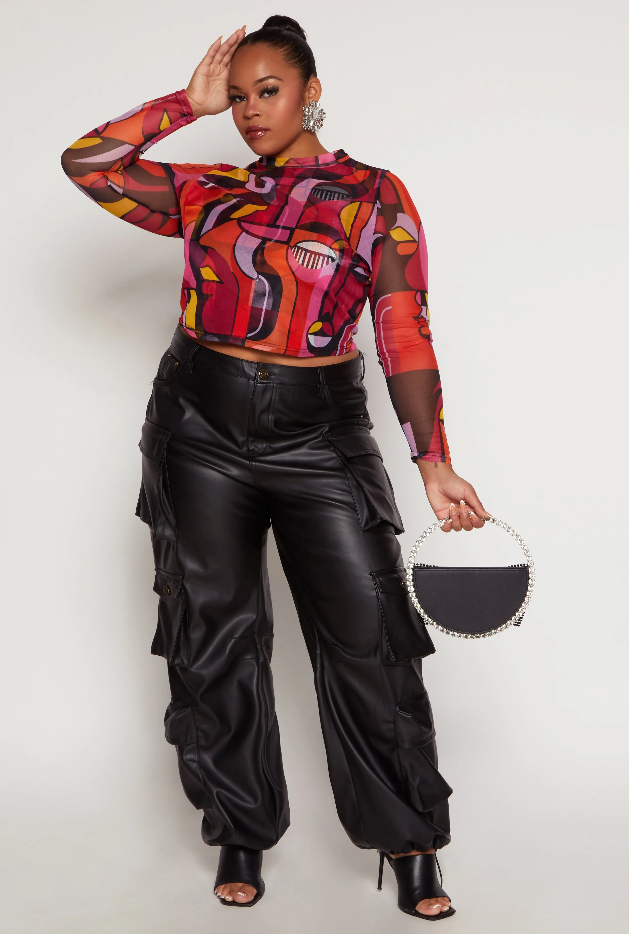 Plus Size Mesh Abstract Print Long Sleeve Crop Top sold by Rainbow product image thumbnail 2