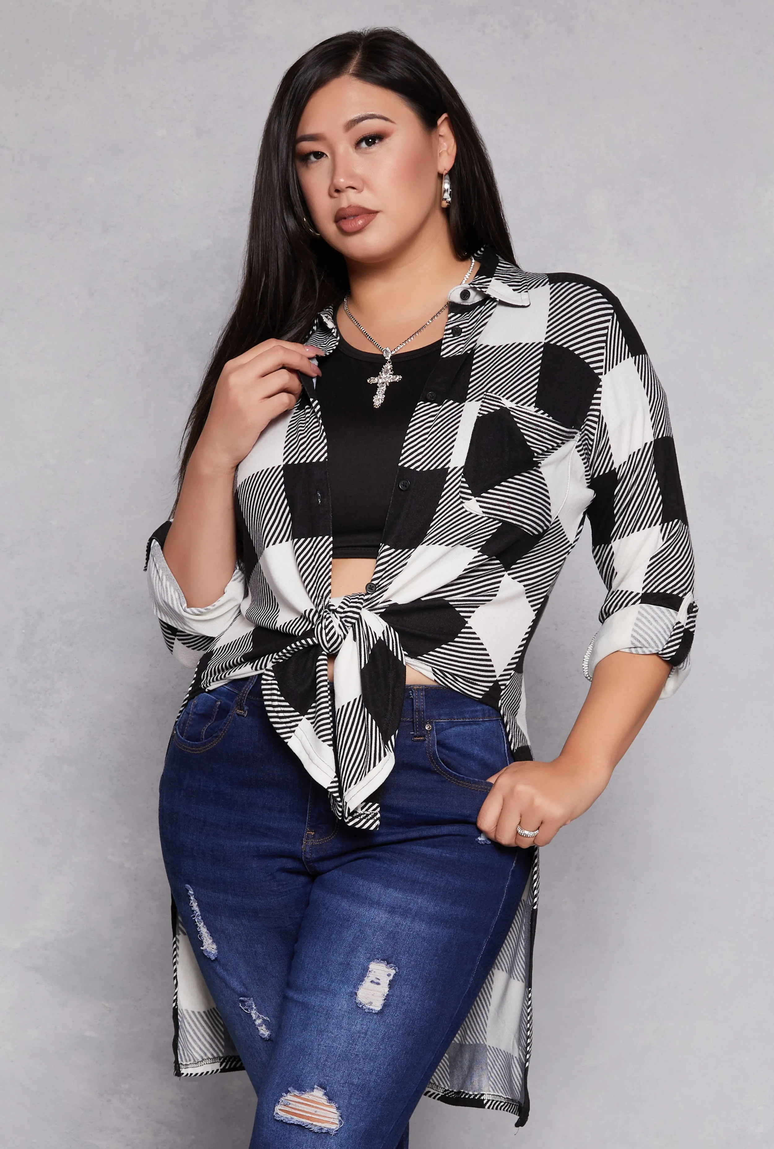 Plus Size Plaid Tie Front High Low Top sold by Rainbow