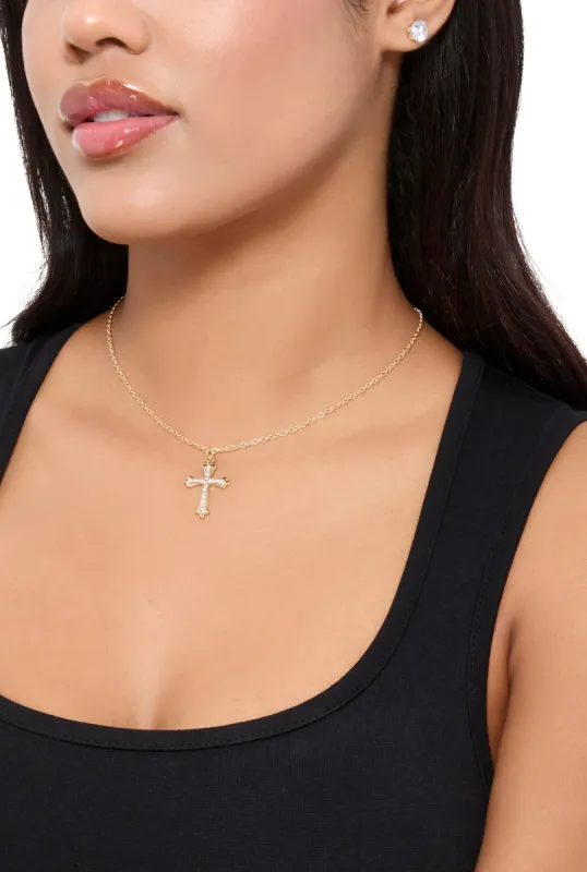 Cross Pendant Chain Necklace and Cubic Zirconia Stud Earrings sold by Rainbow