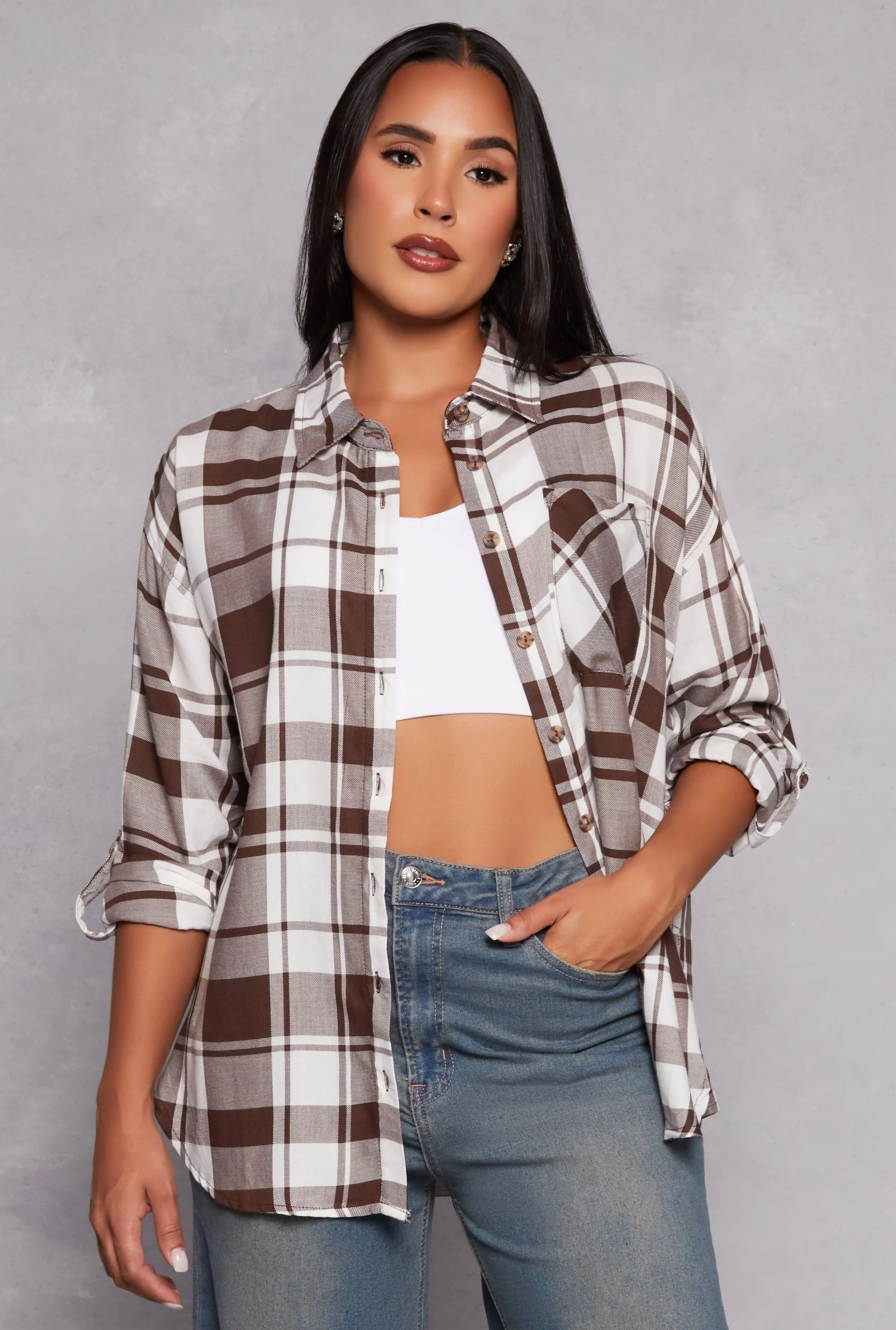 Plaid Button Front Long Sleeve Shirt sold by Rainbow